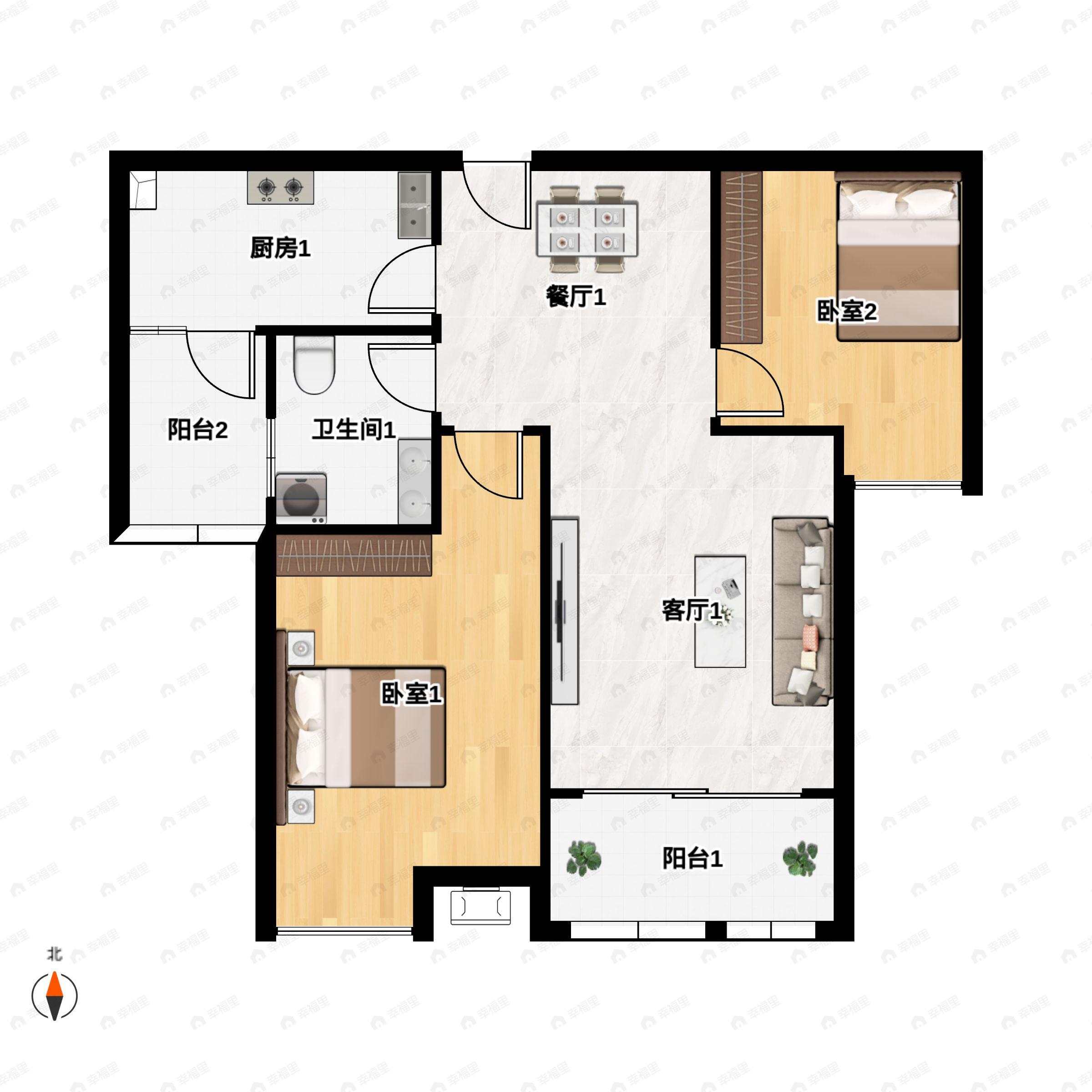 2室2厅1卫建面71平户型图