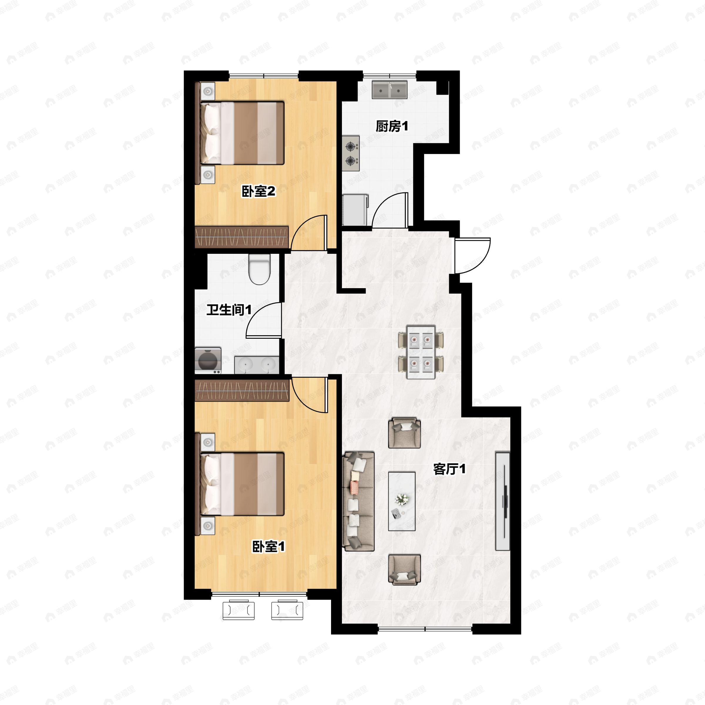 2室2厅1卫建面83m²南户型图