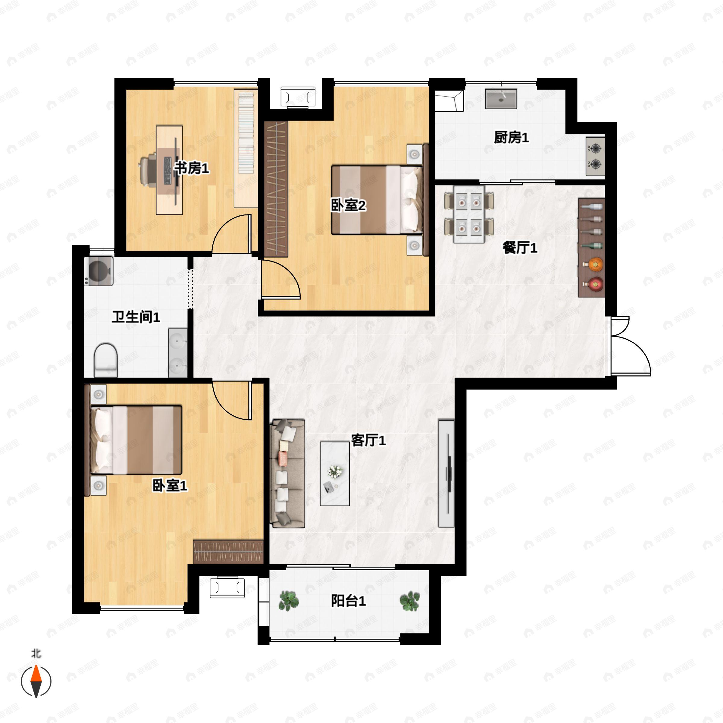 3室2厅1卫建面135m²北|南户型图