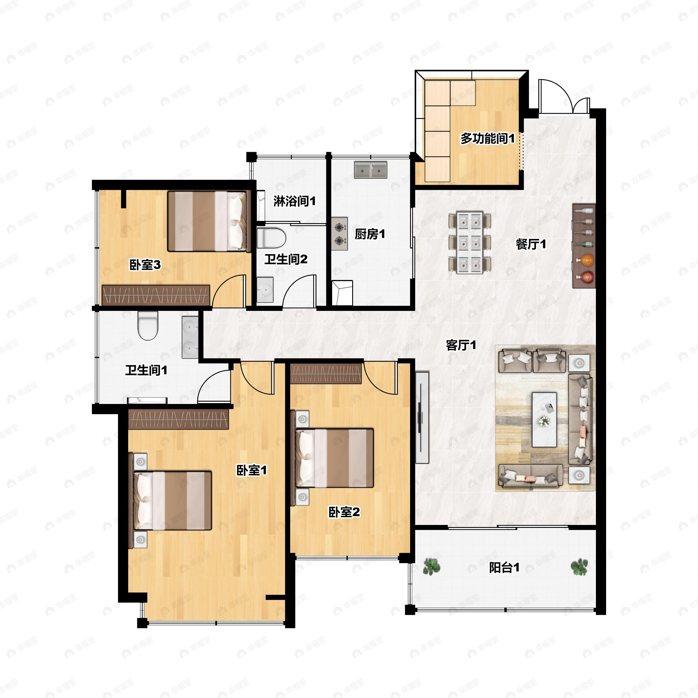 3室2厅2卫建面113m²南户型图