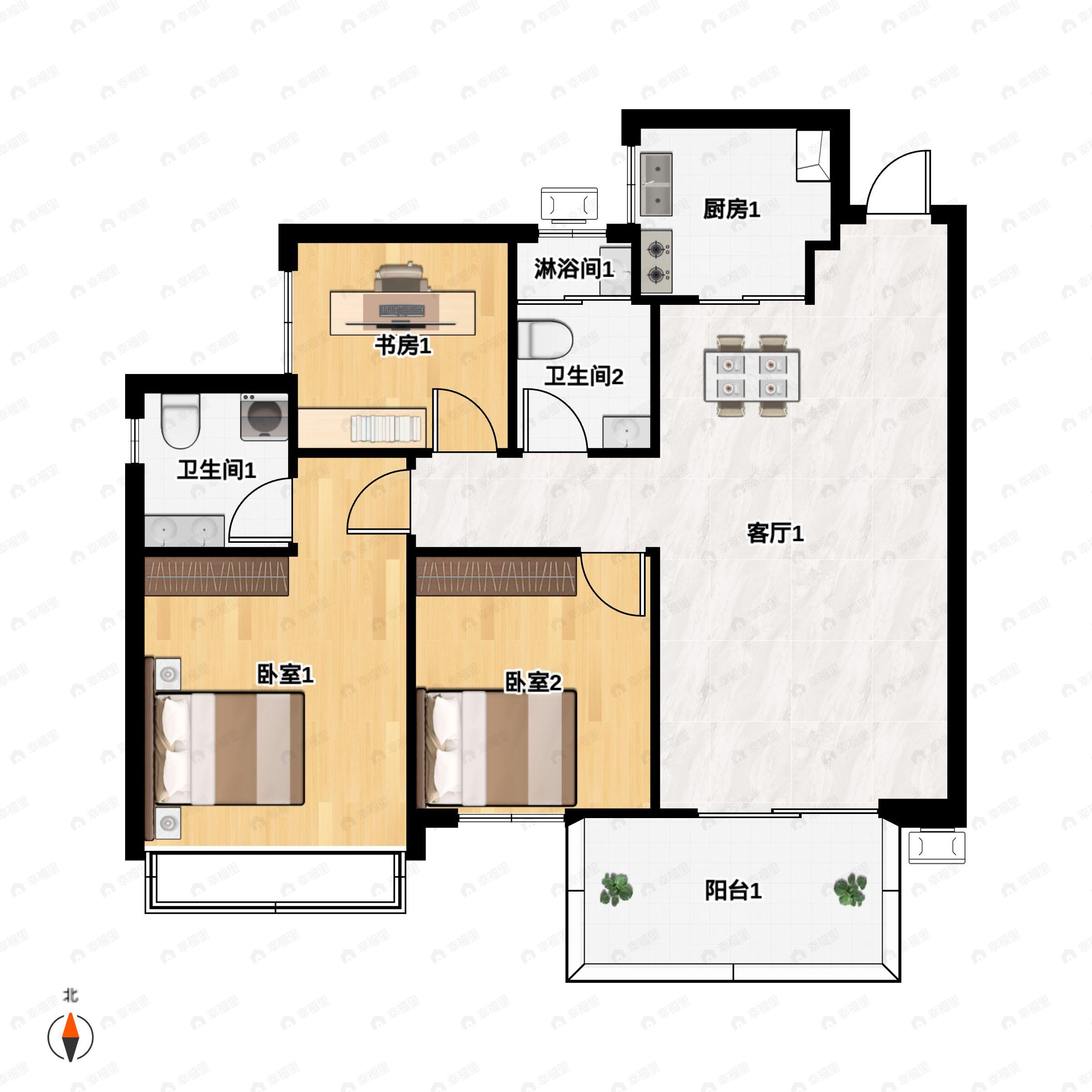 3室2厅2卫建面88平户型图