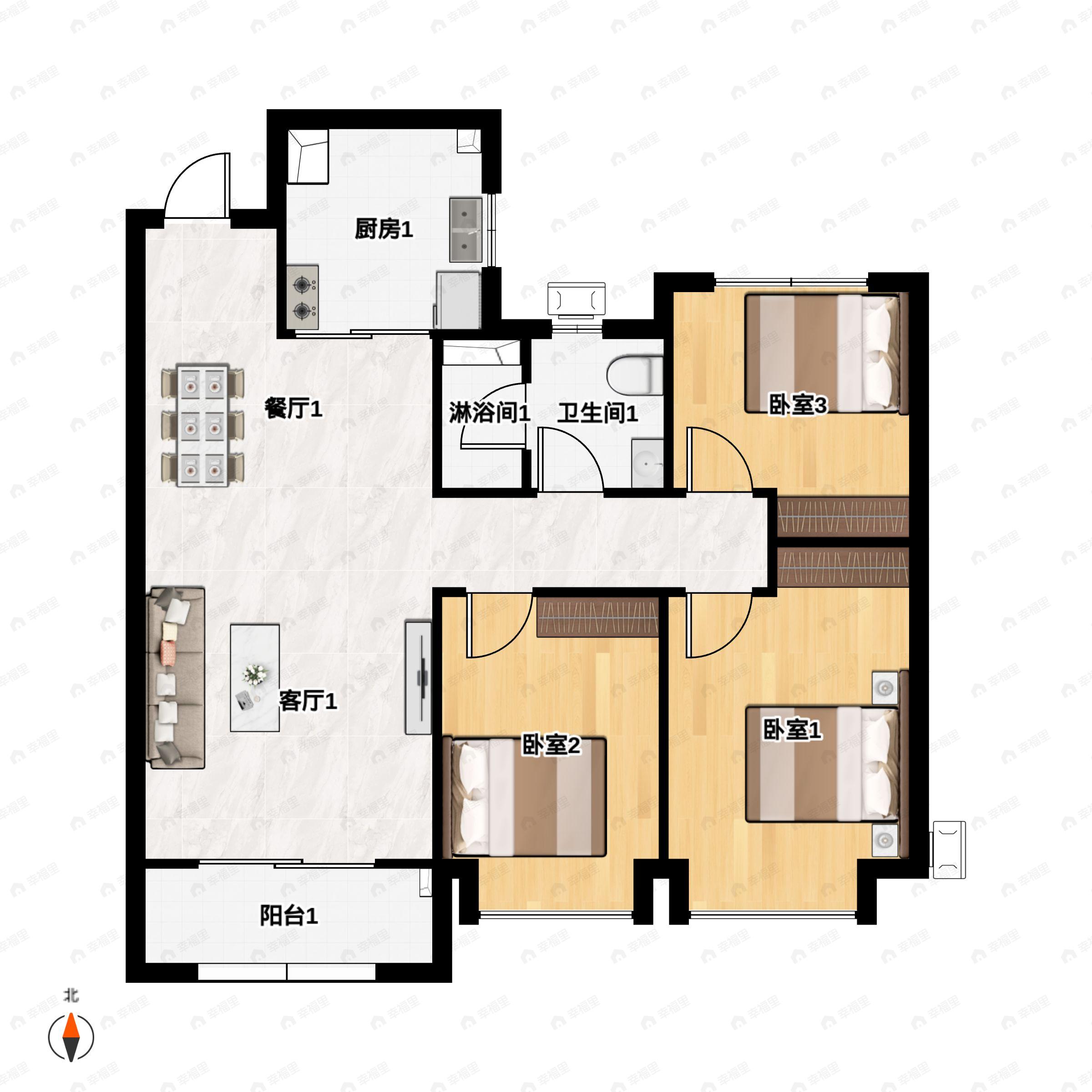 3室2厅1卫建面96平南|北户型图