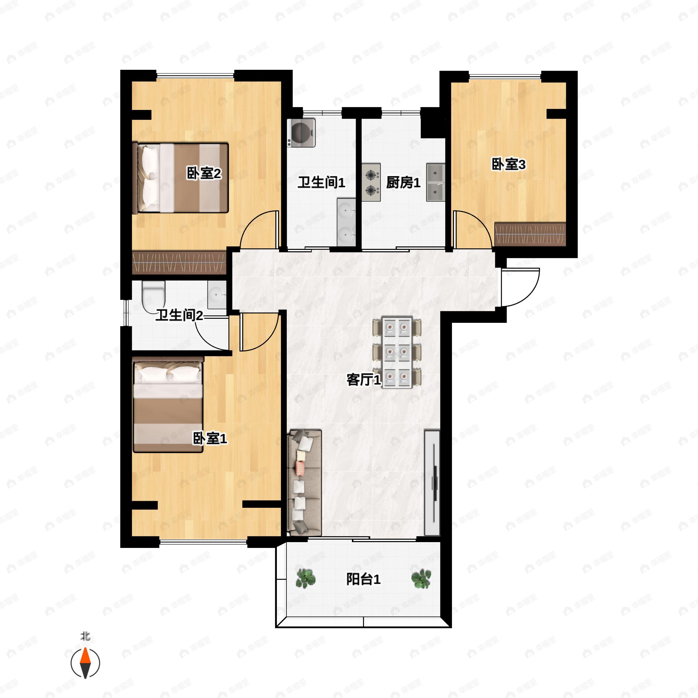 3室2厅2卫建面98平户型图