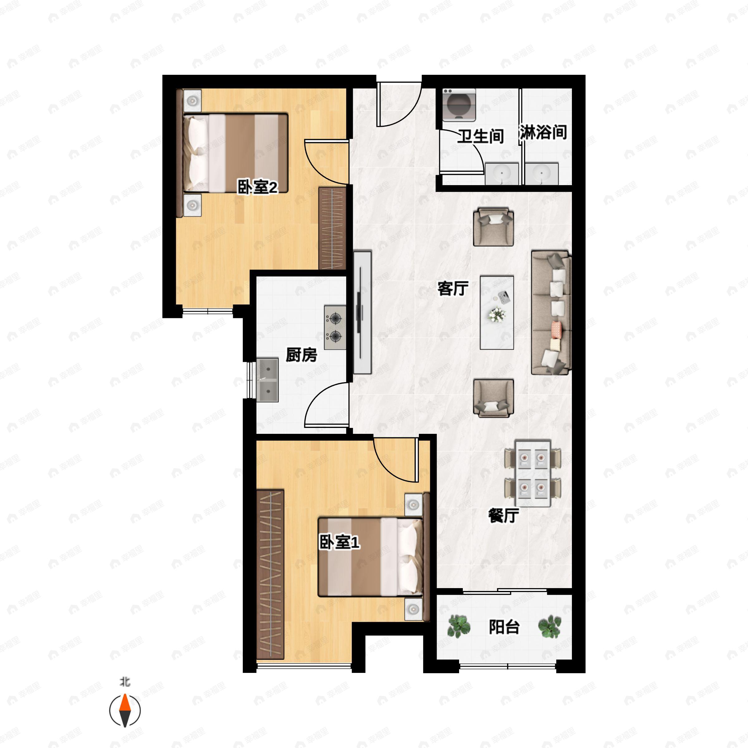 2室2厅1卫建面90平南户型图