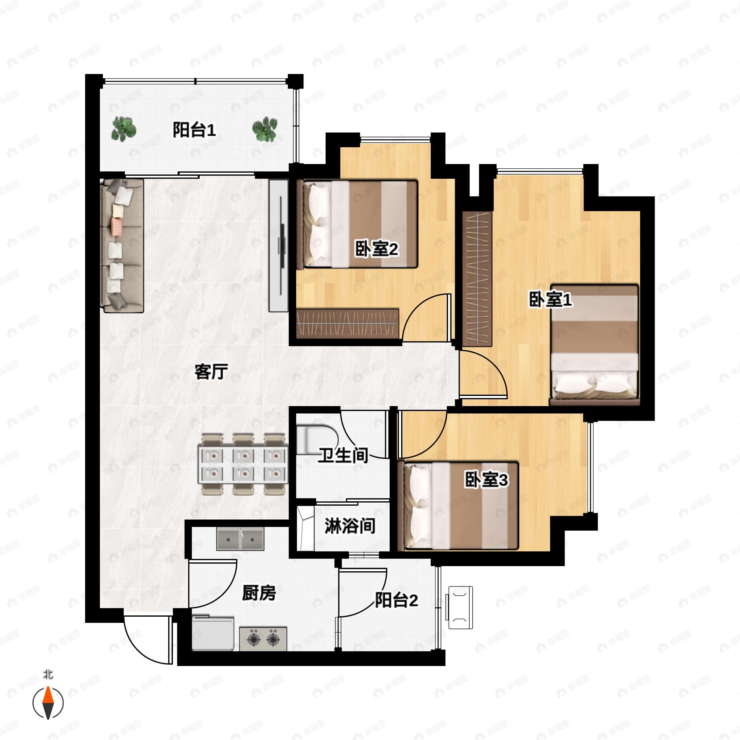3室2厅1卫建面92平户型图