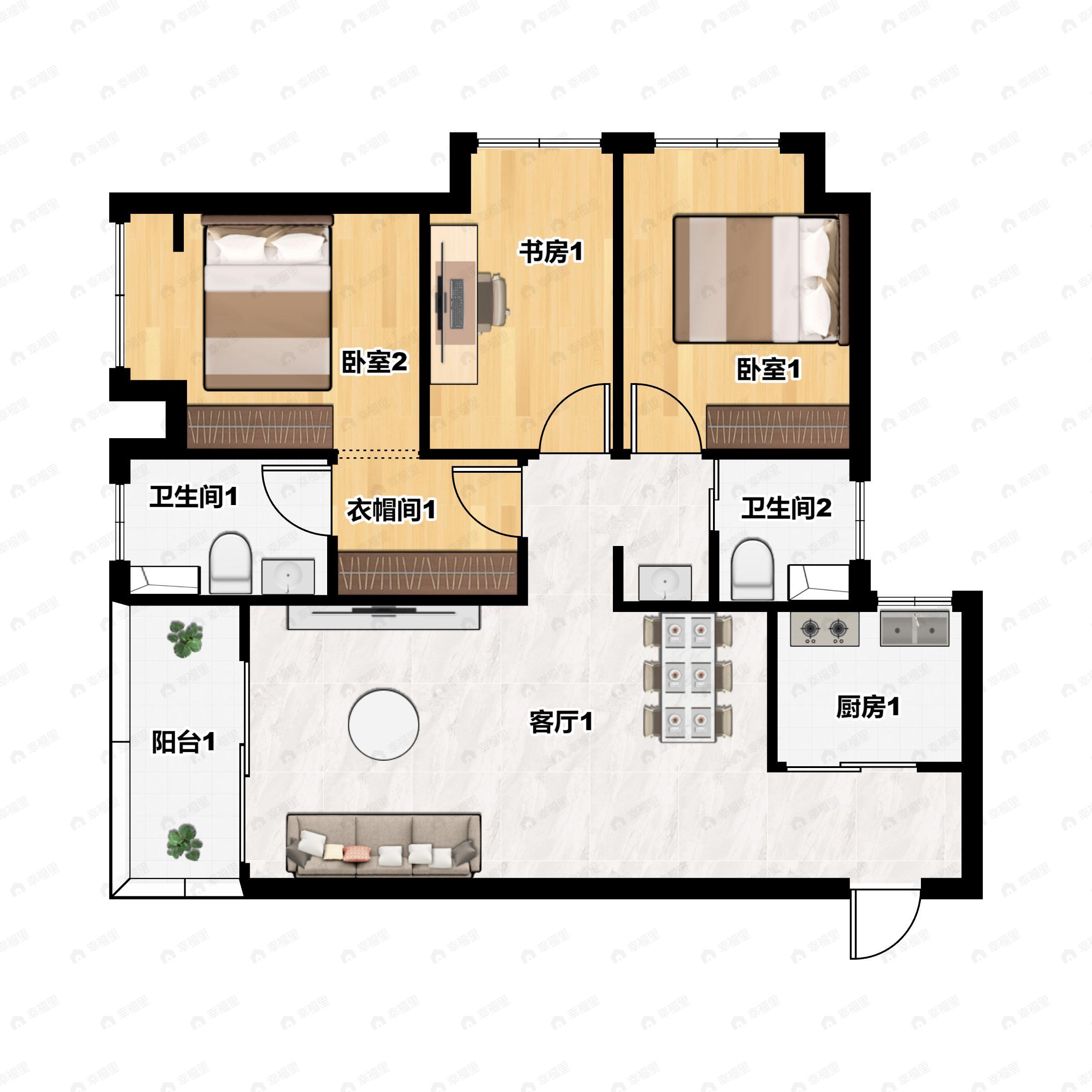 3室2厅2卫建面89平户型图
