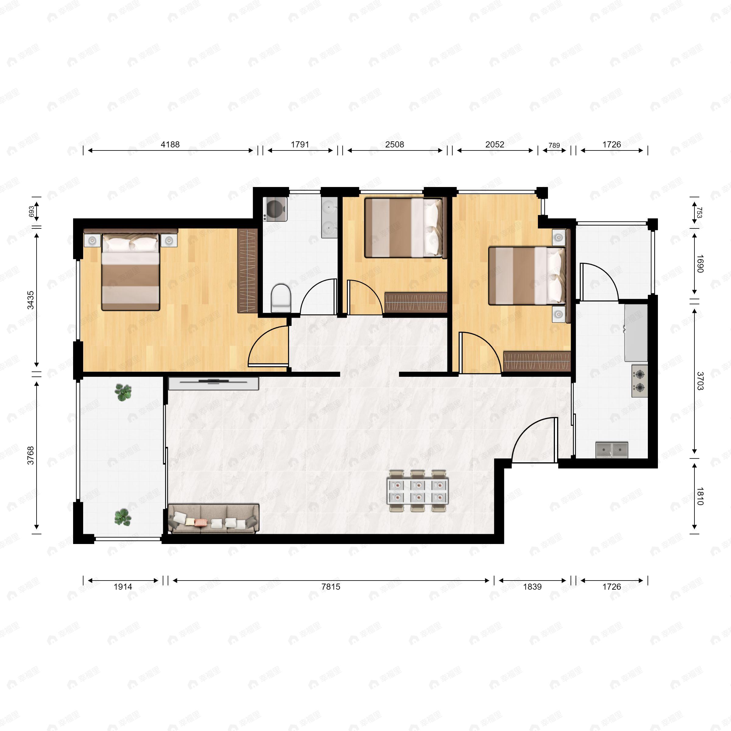 3室2厅1卫建面89m²西户型图