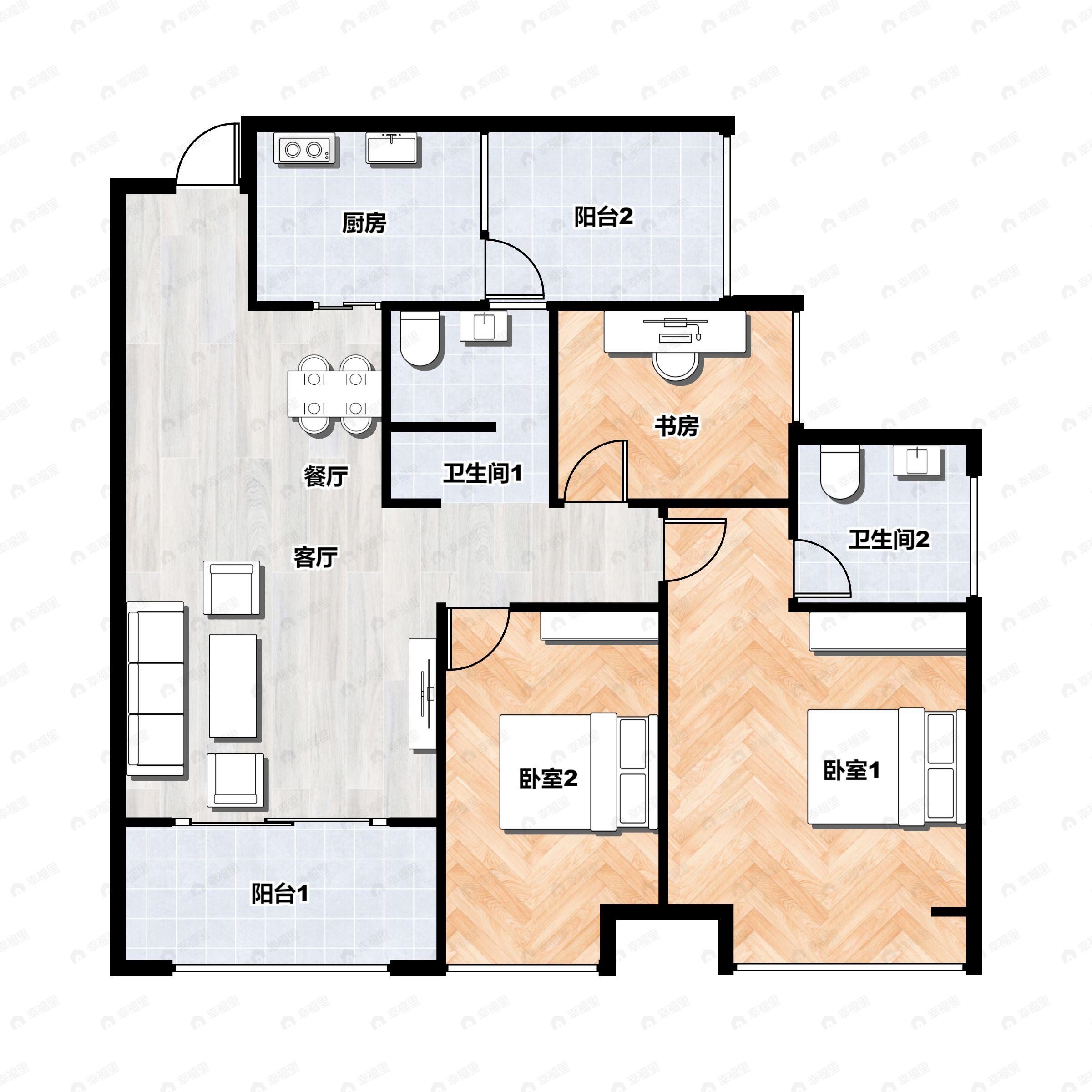 3室2厅2卫建面106平南户型图