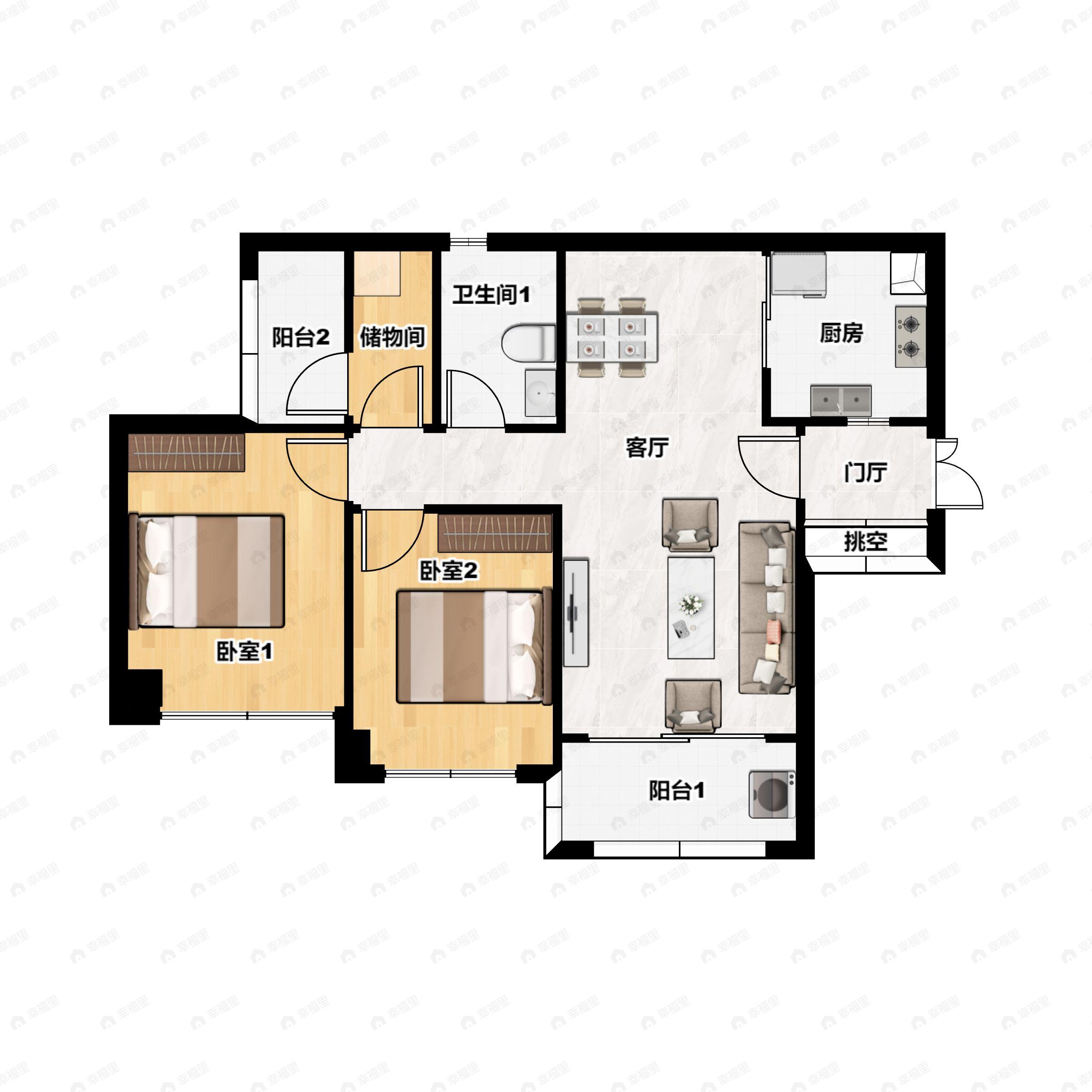 2室2厅1卫建面76m²南户型图