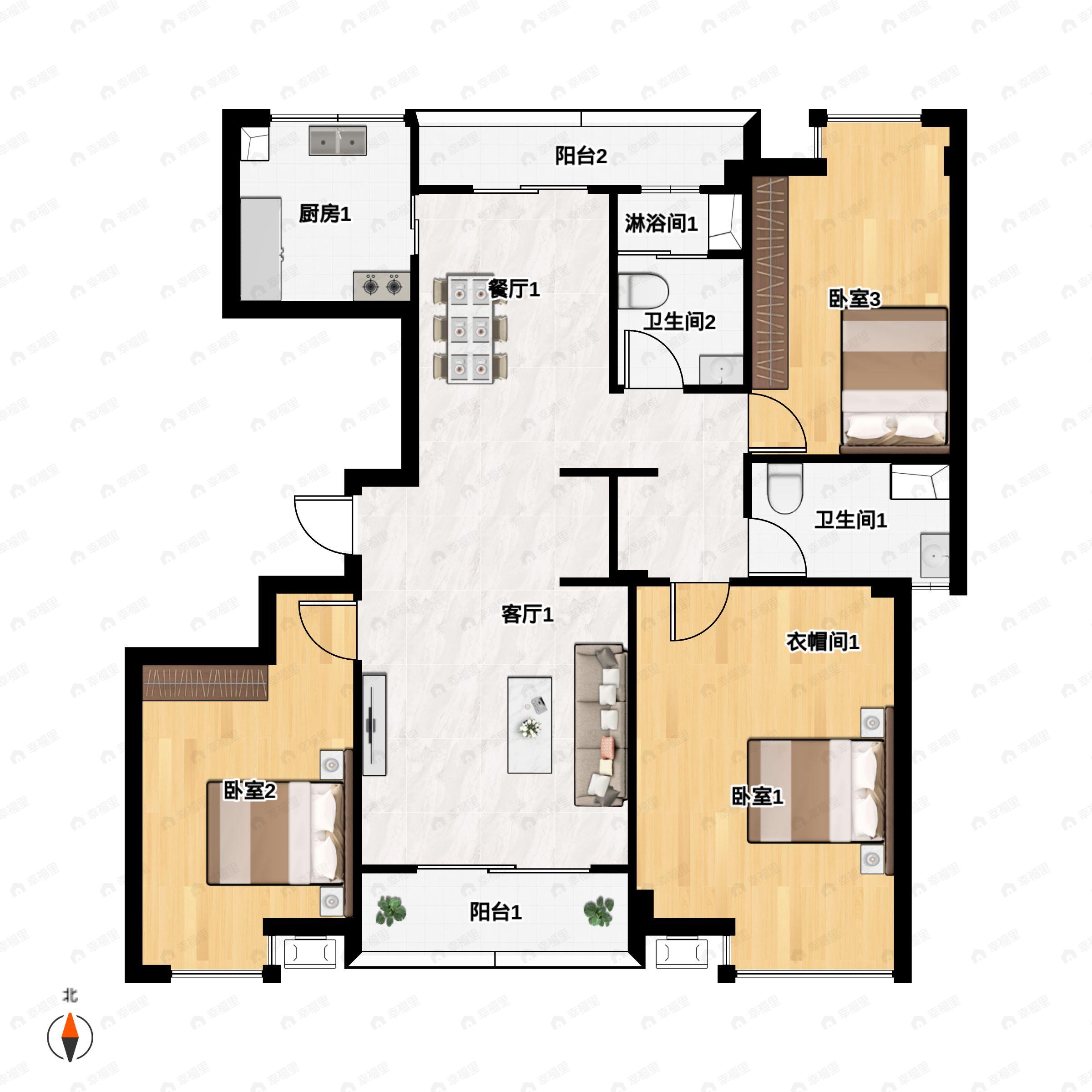 3室2厅2卫建面128平南户型图