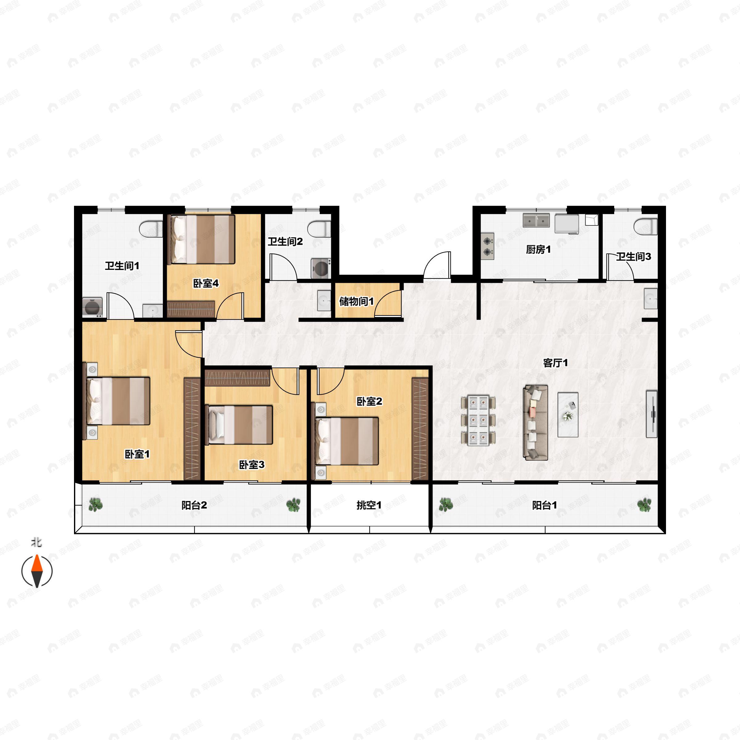 4室2厅3卫建面179平北|南户型图
