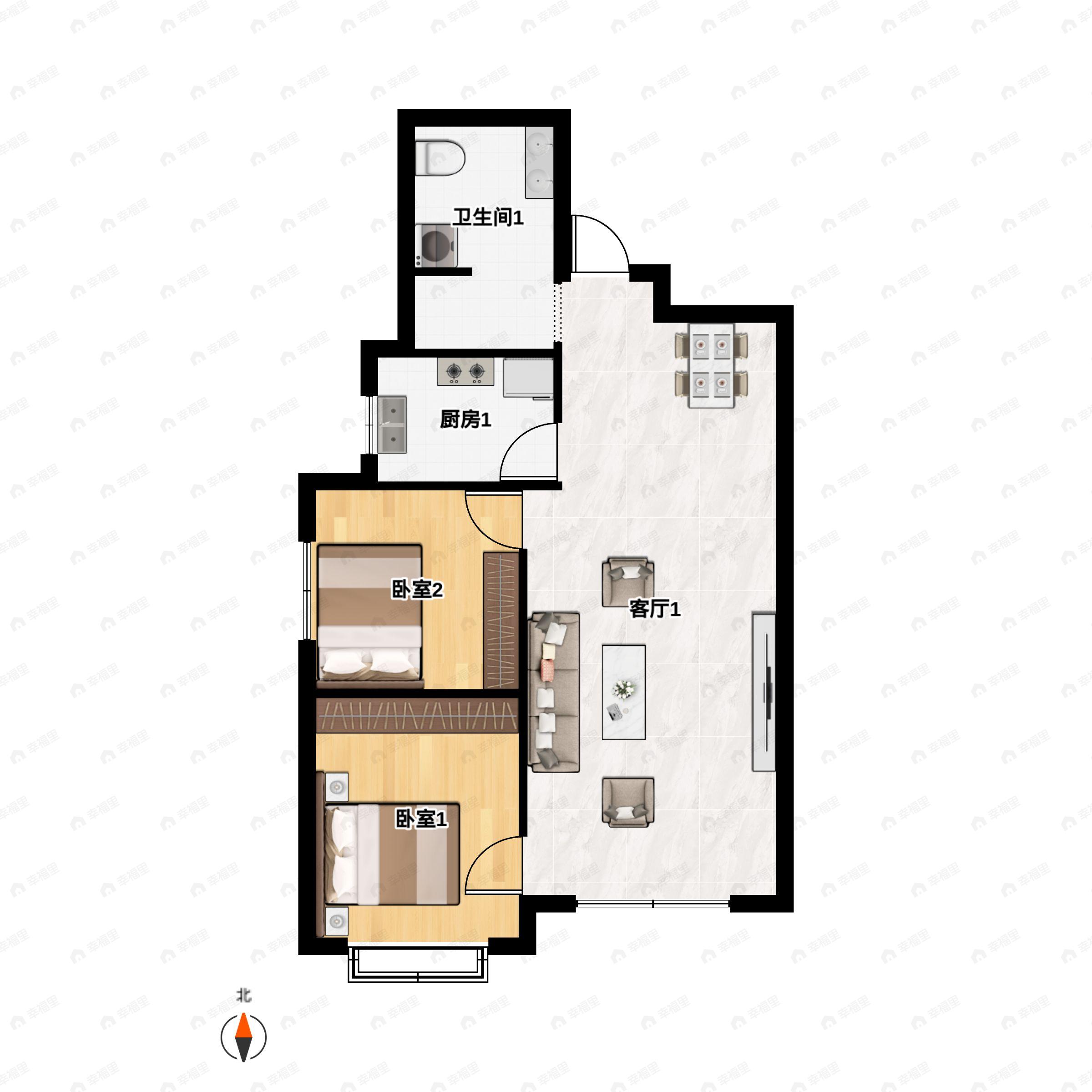 2室2厅1卫建面97m²南户型图