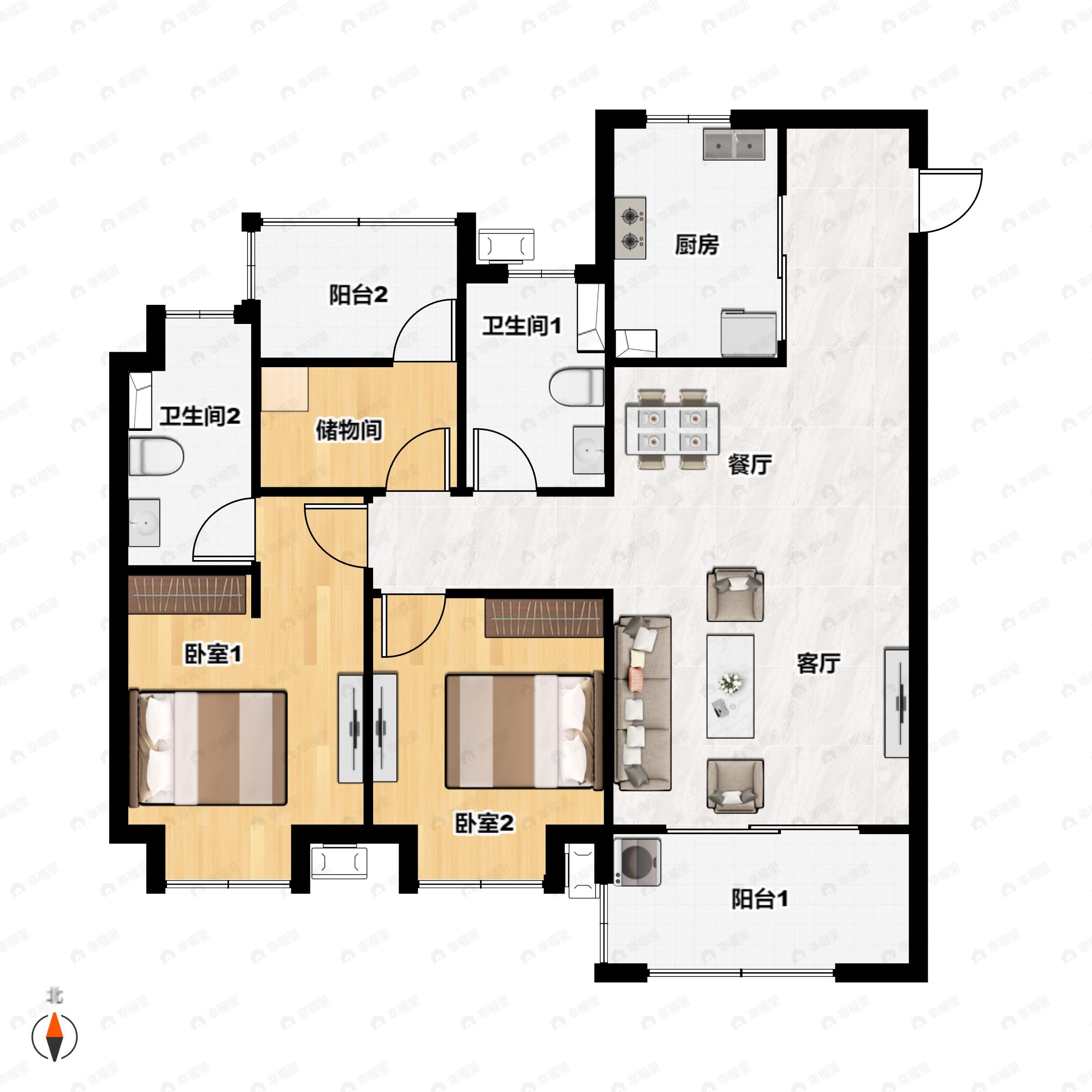 3室2厅2卫建面98平户型图