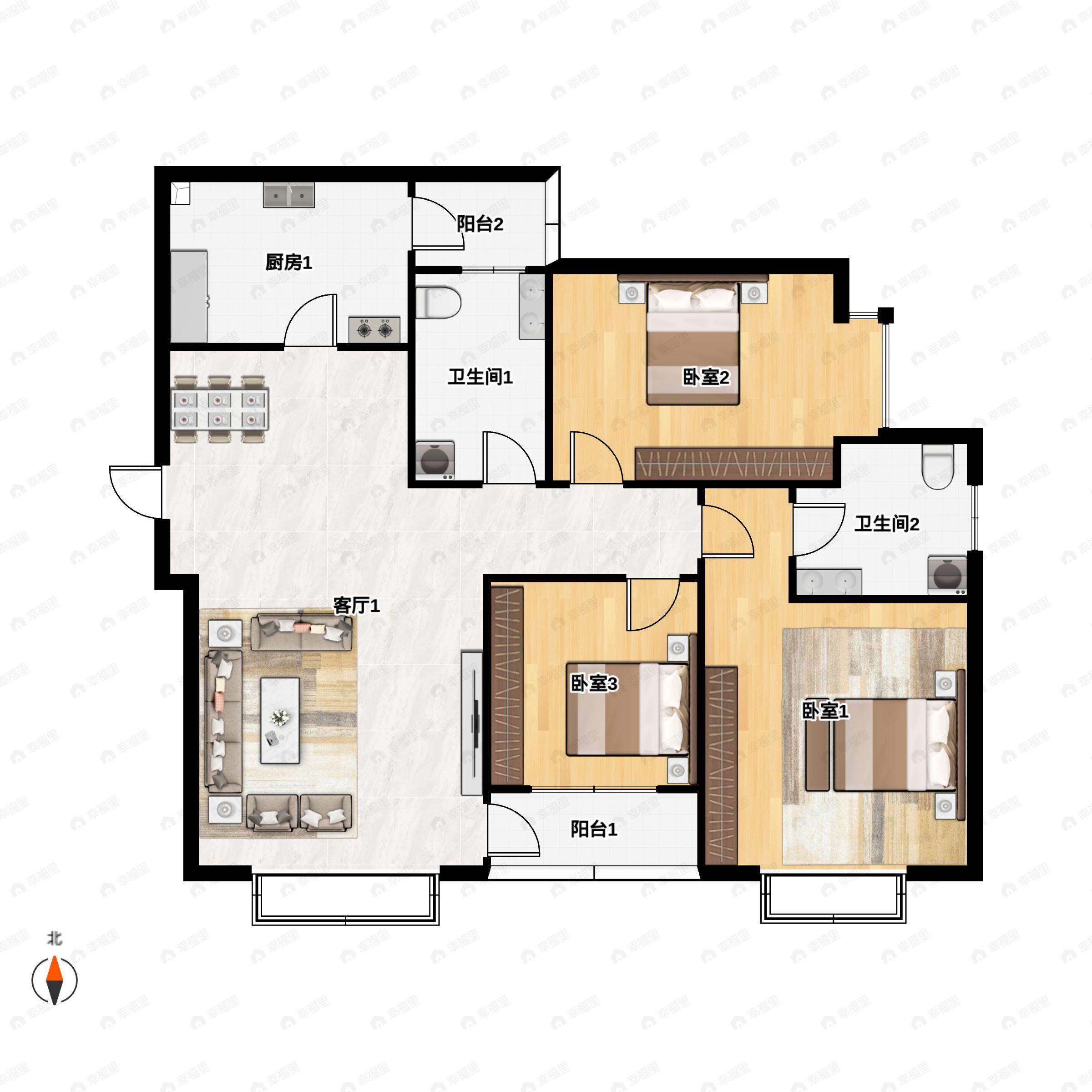 3室2厅2卫建面107m²南户型图