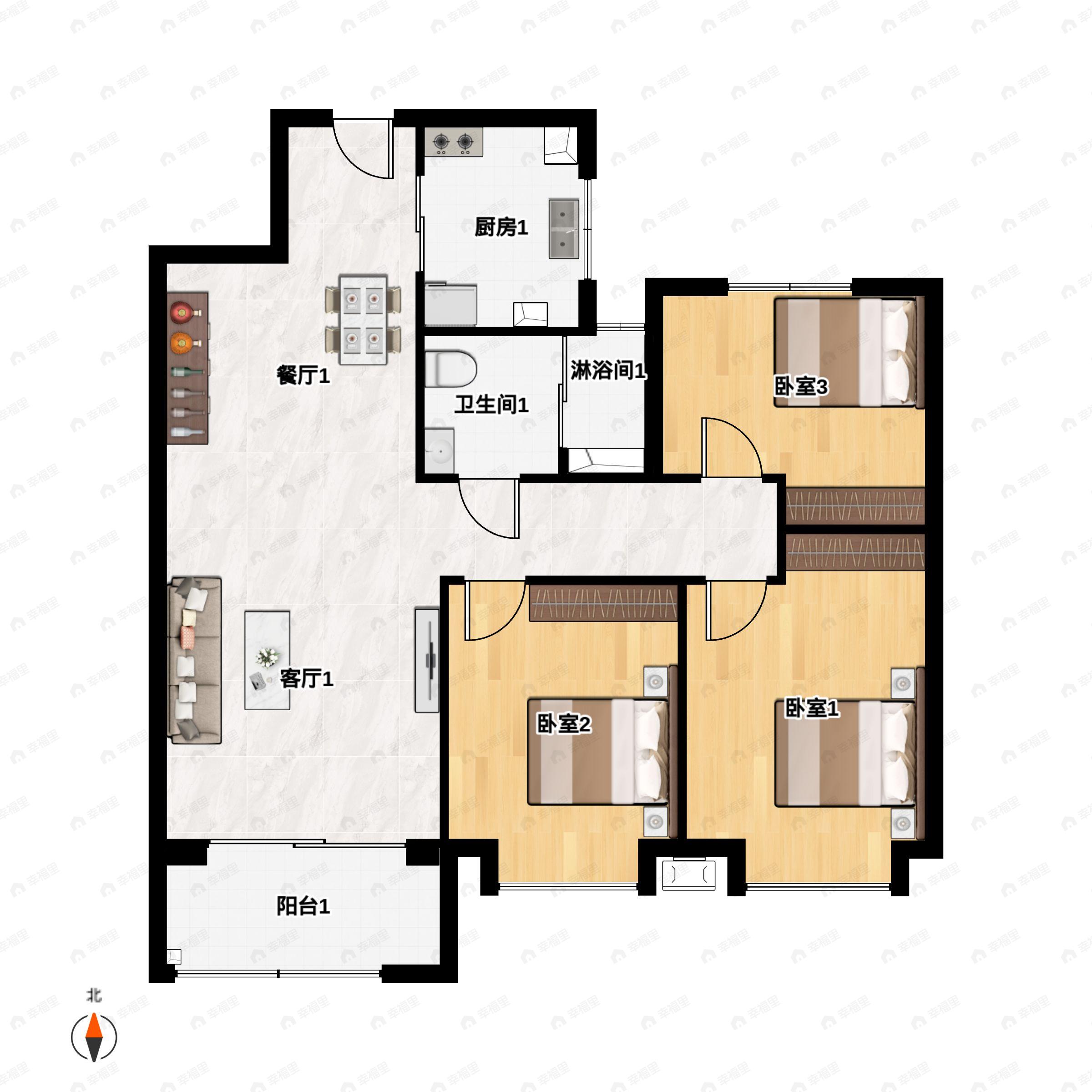 3室2厅1卫建面99平南|北户型图