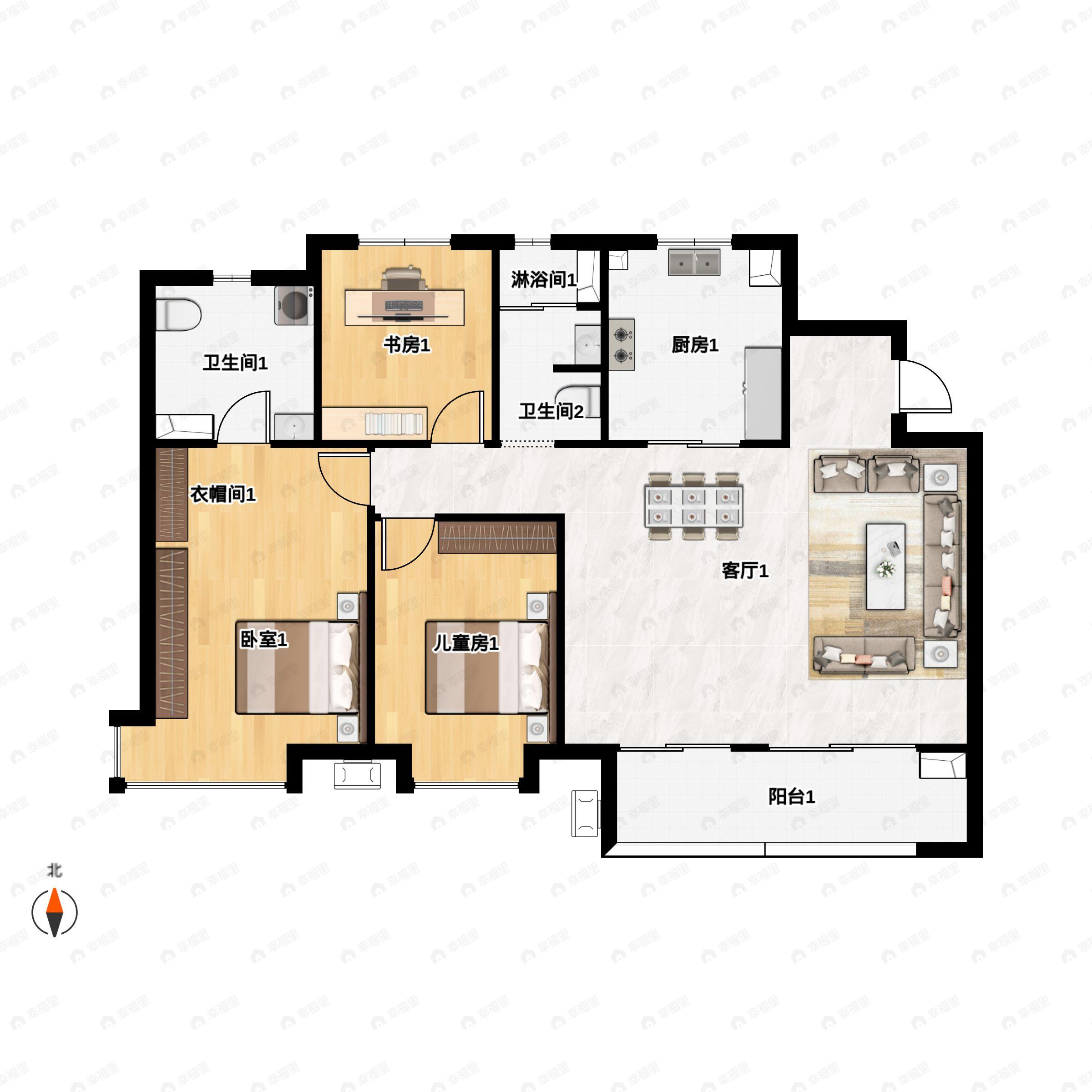 3室2厅2卫建面136平南户型图