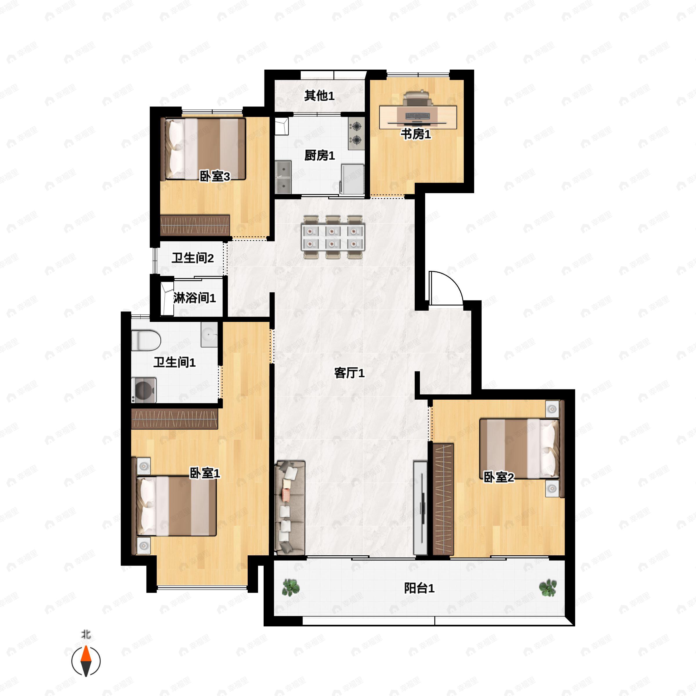 4室2厅2卫建面125平南户型图