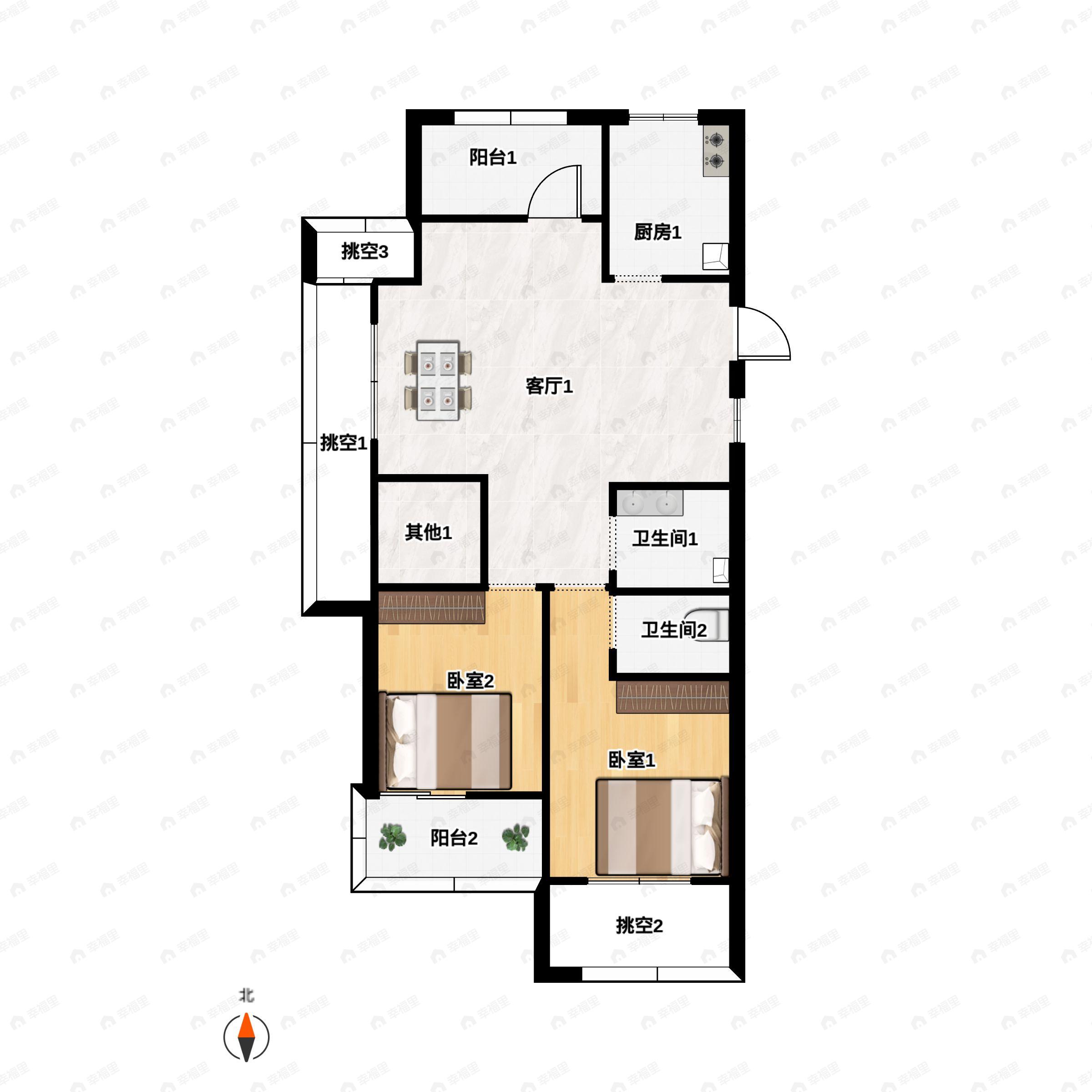 3室2厅2卫建面108m²西户型图