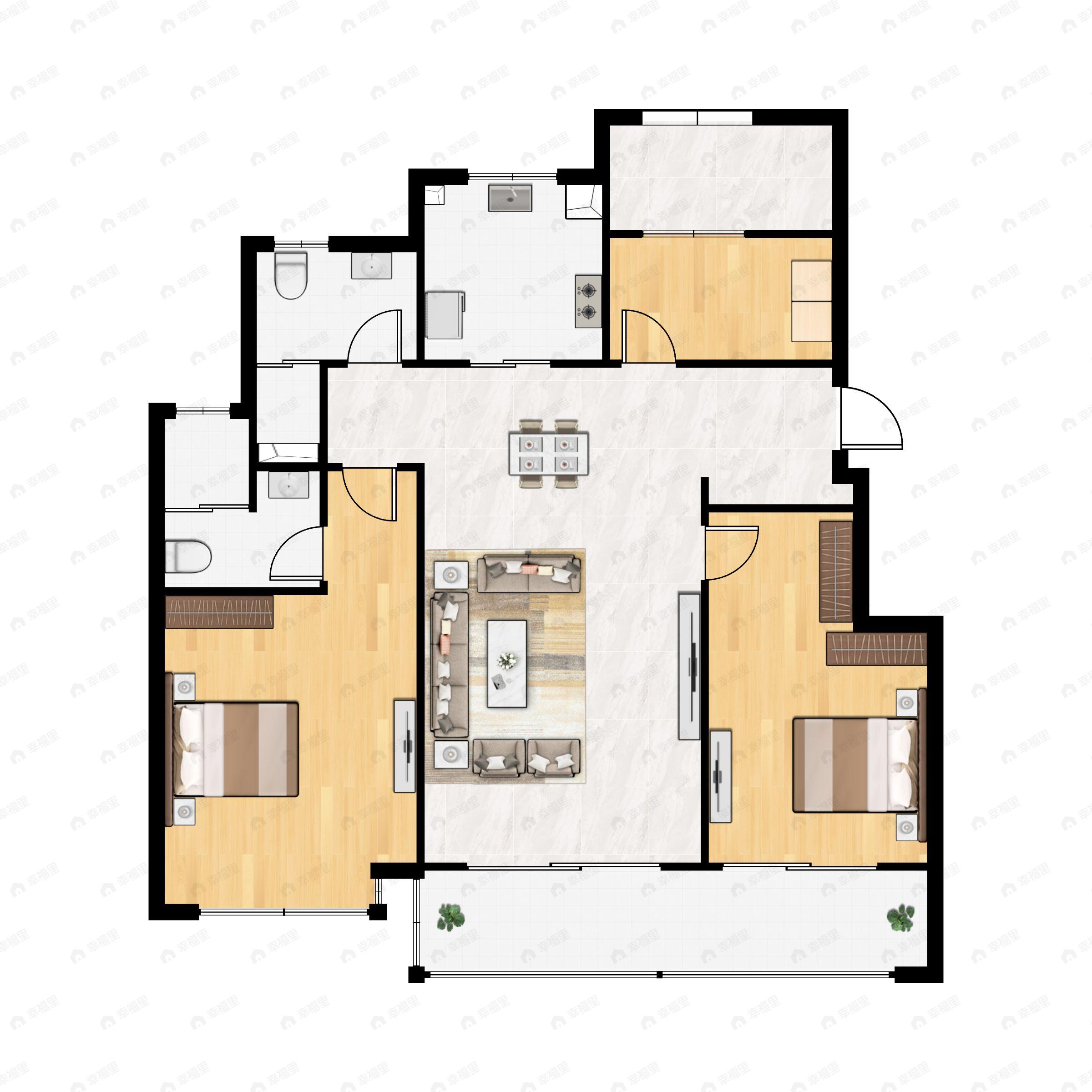 2室2厅2卫建面111m²北|南户型图