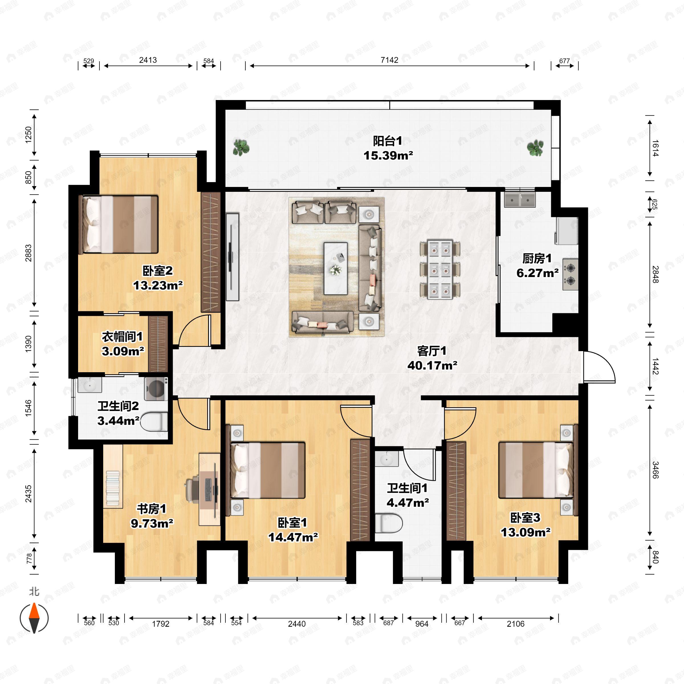 3室2厅2卫建面138平南户型图