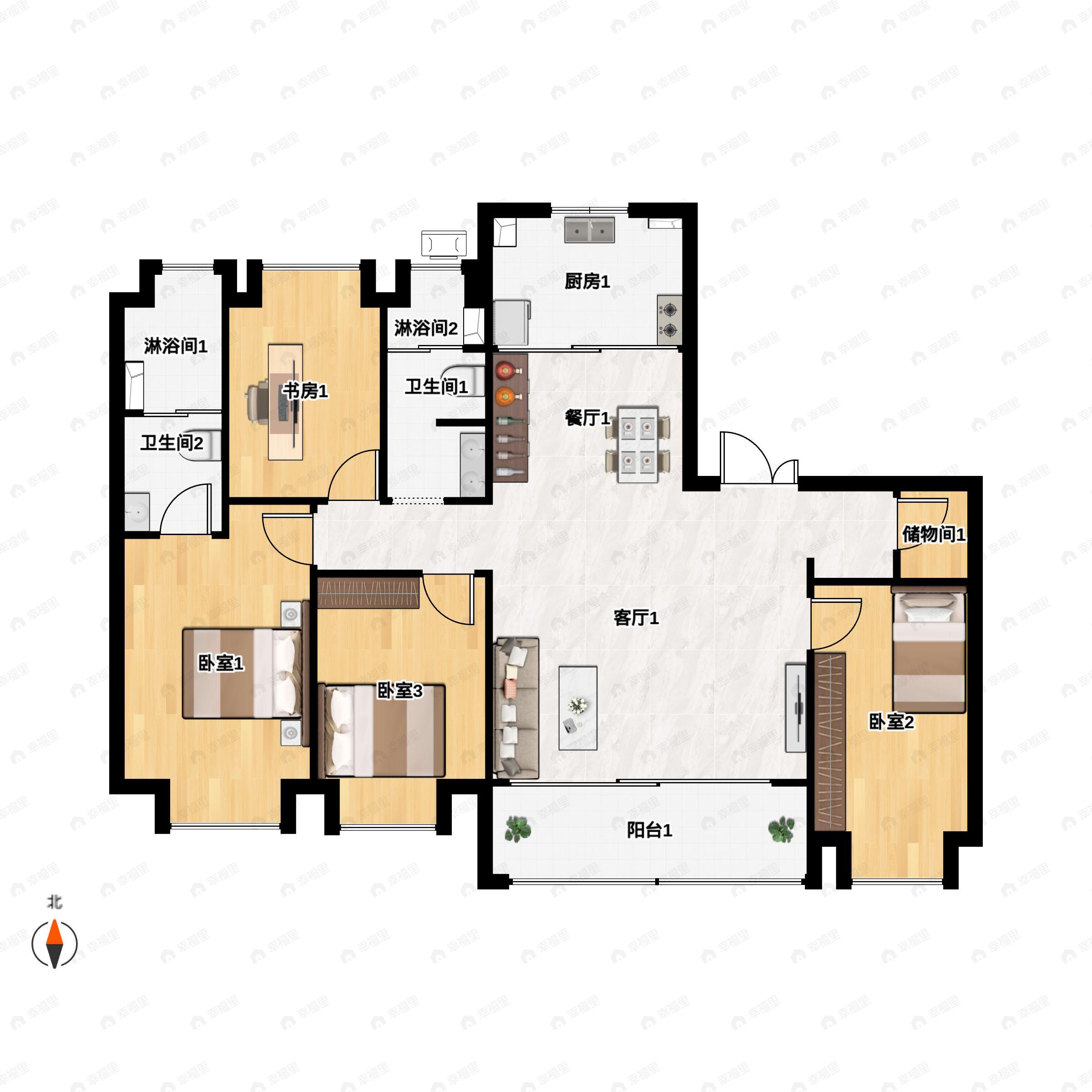 4室2厅2卫建面182m²南户型图