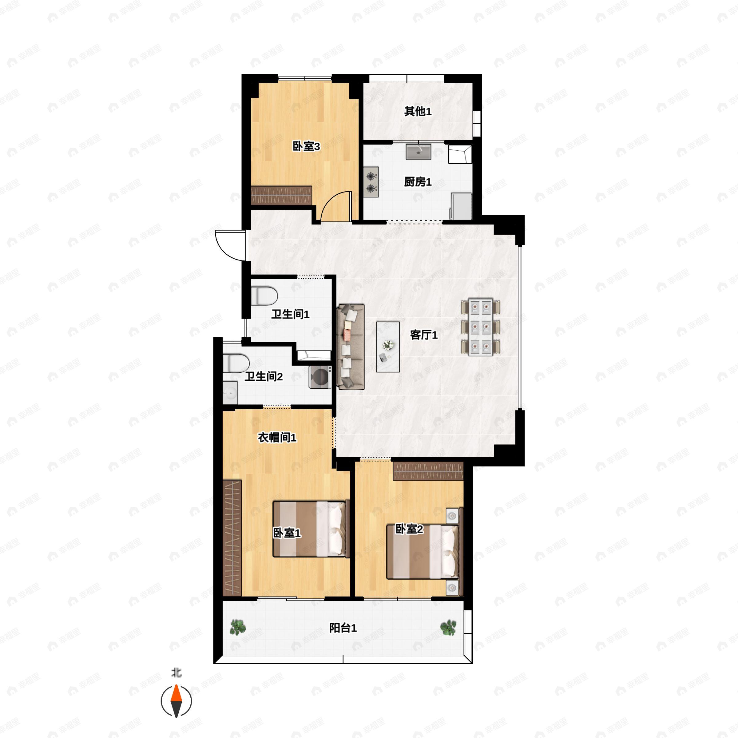 3室2厅2卫建面113m²南户型图