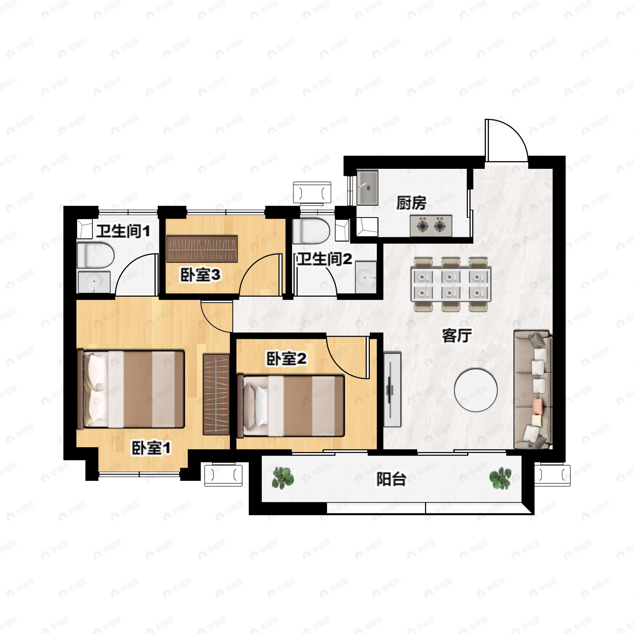 3室2厅2卫建面103平户型图