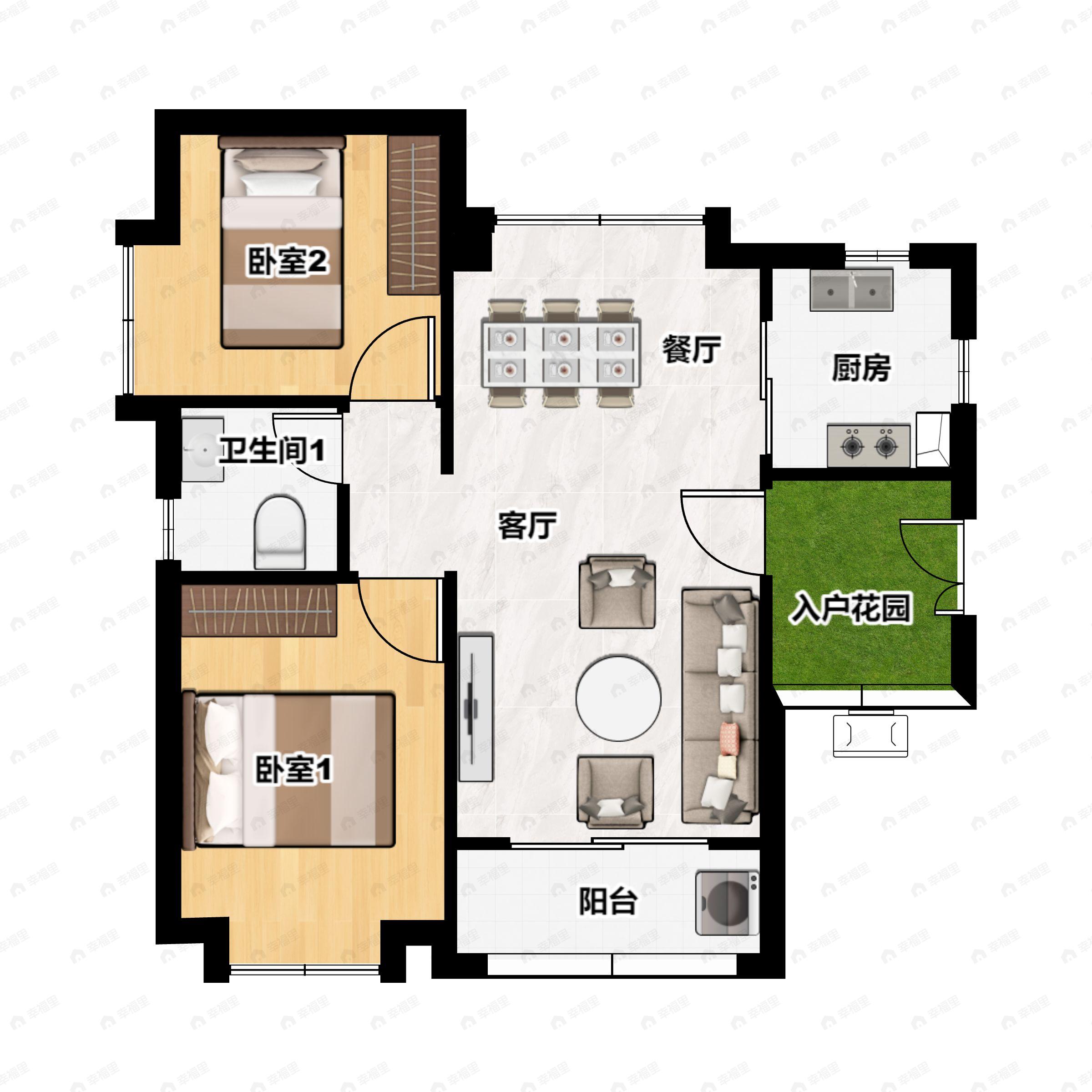 2室2厅1卫建面88m²南户型图