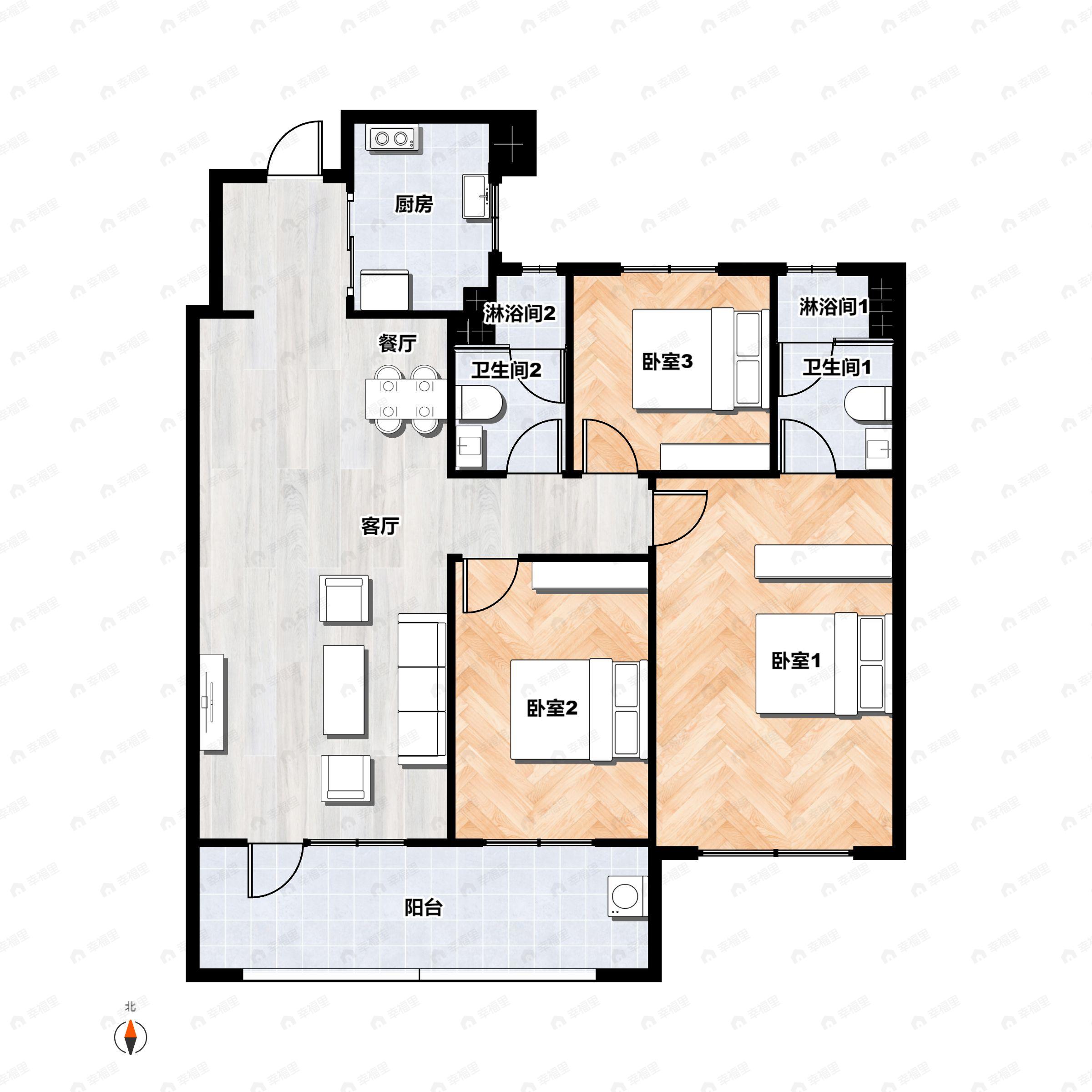 3室2厅2卫建面128m²南户型图