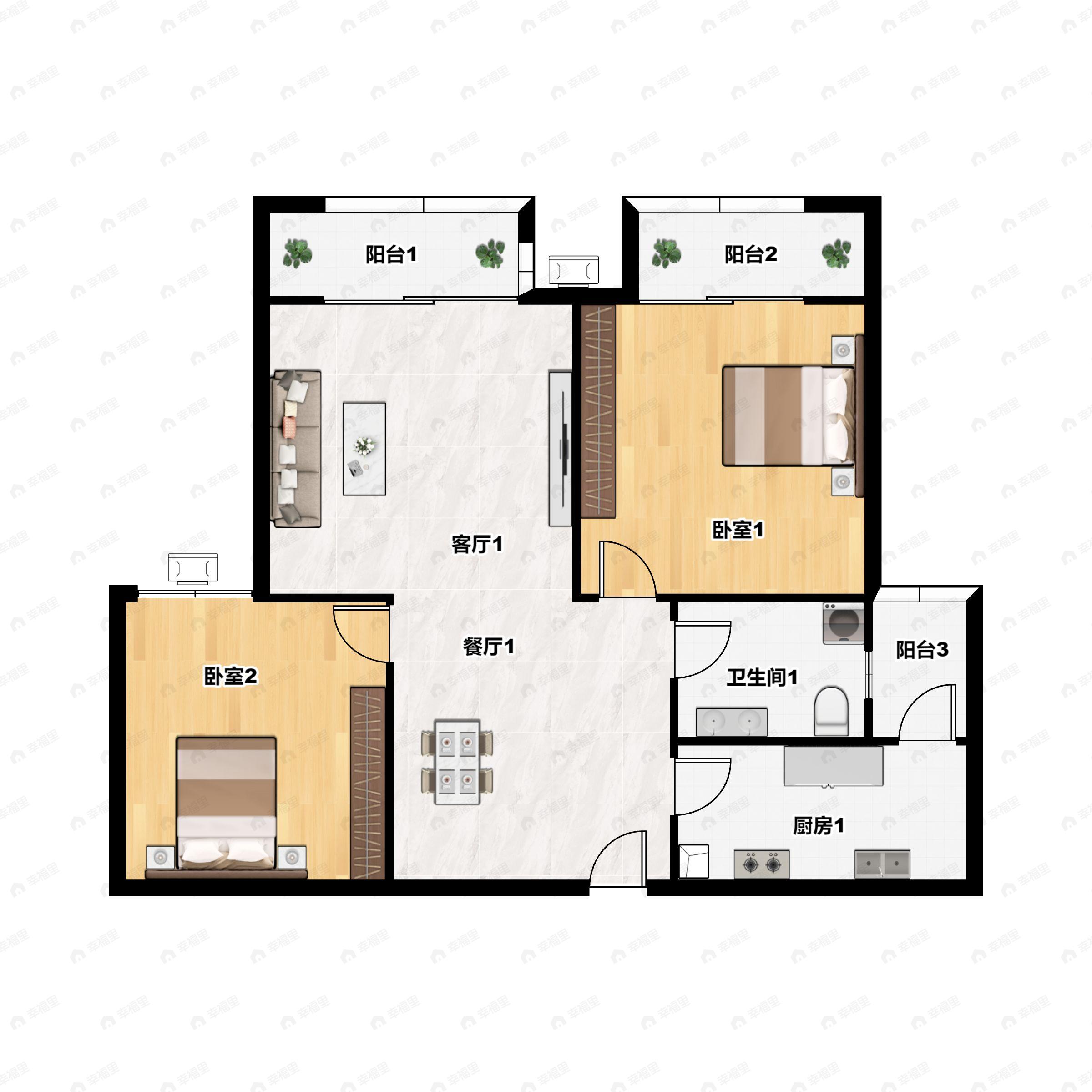 2室2厅1卫建面82平南户型图