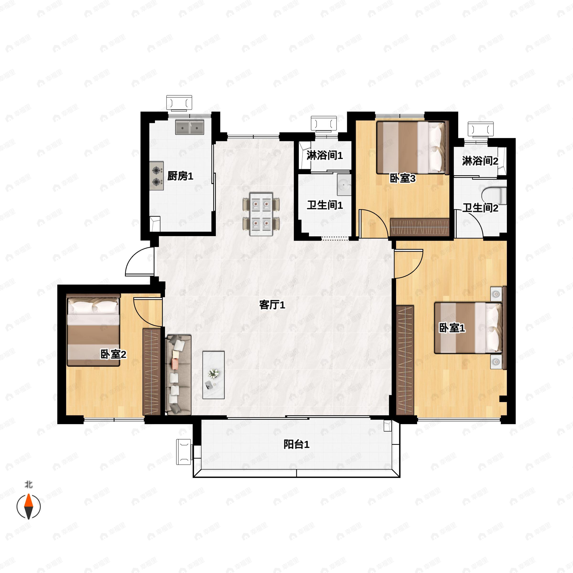 3室2厅2卫建面123m²南户型图