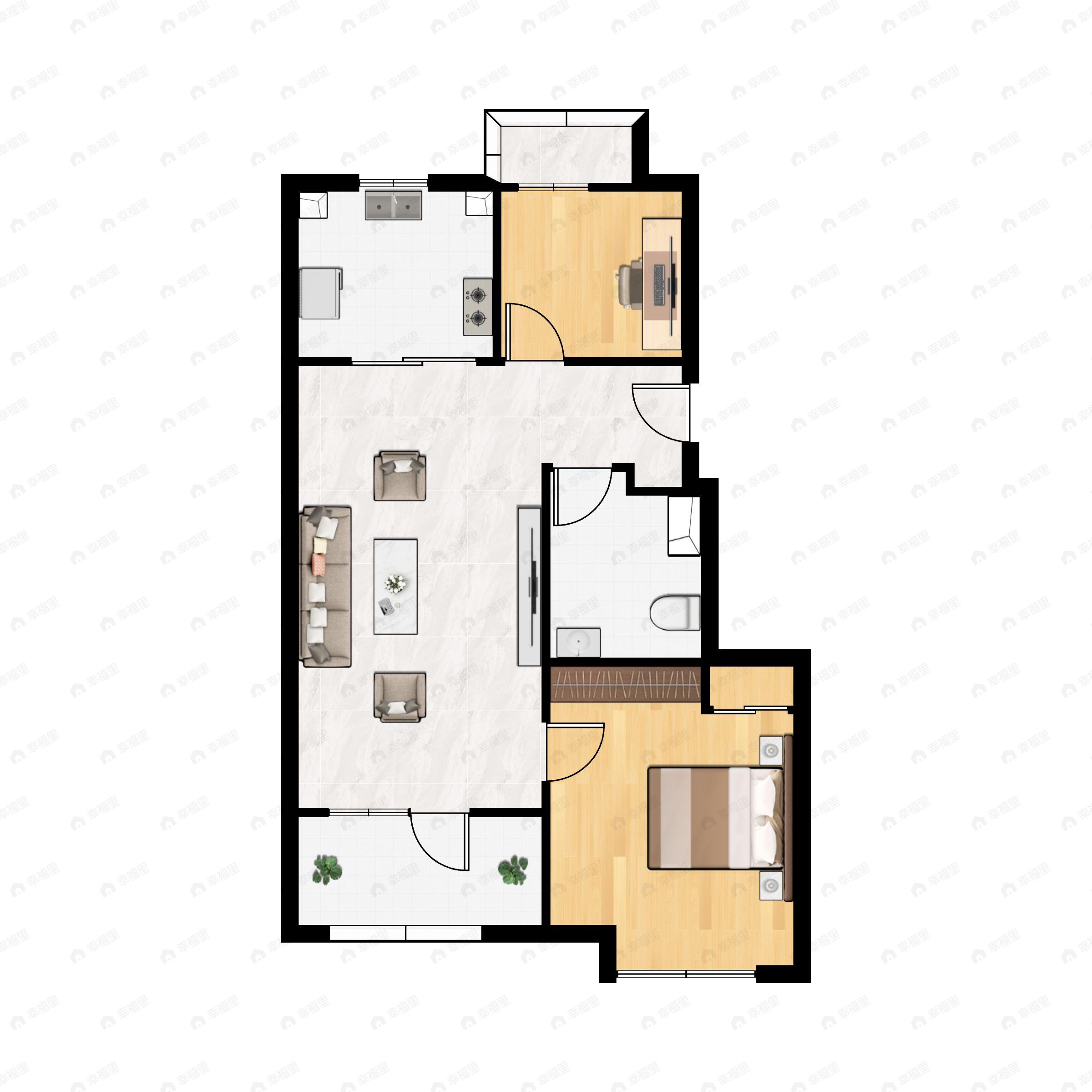 2室2厅1卫建面70m²北|南户型图