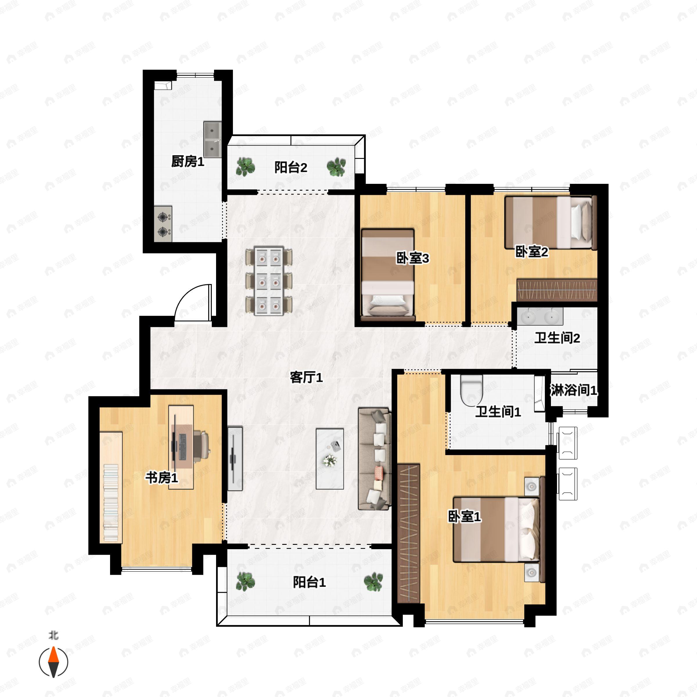 4室2厅2卫建面137平南户型图