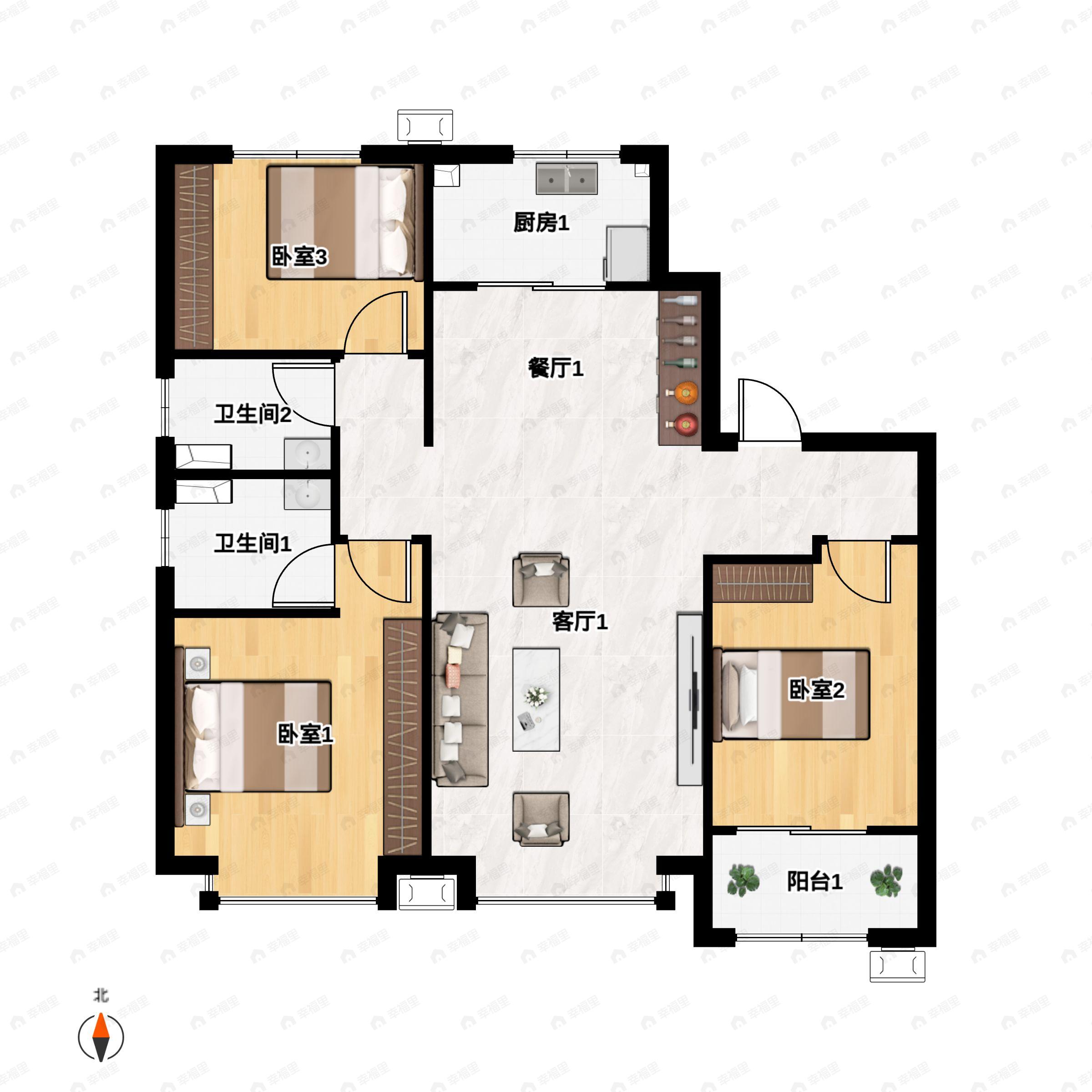3室2厅2卫建面120m²北|南户型图