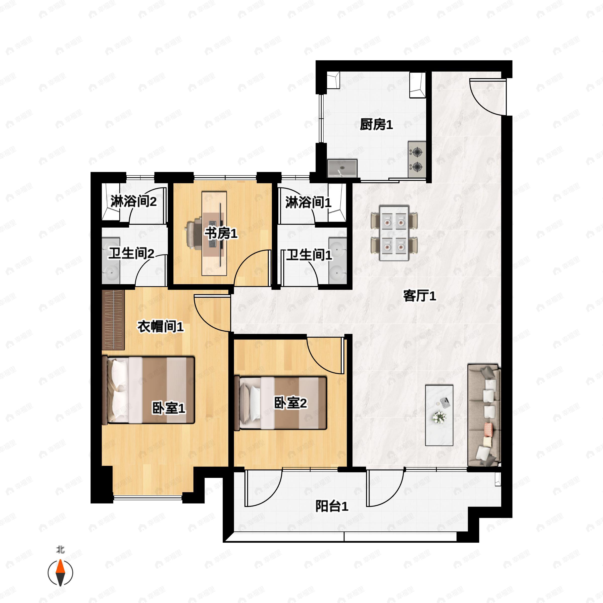 3室2厅2卫建面109m²北|南户型图