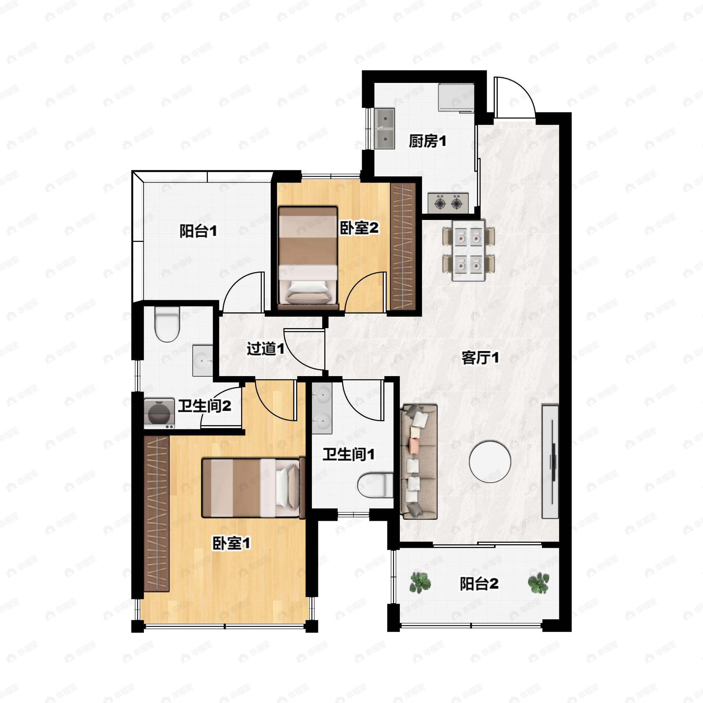 3室2厅2卫建面83平南户型图