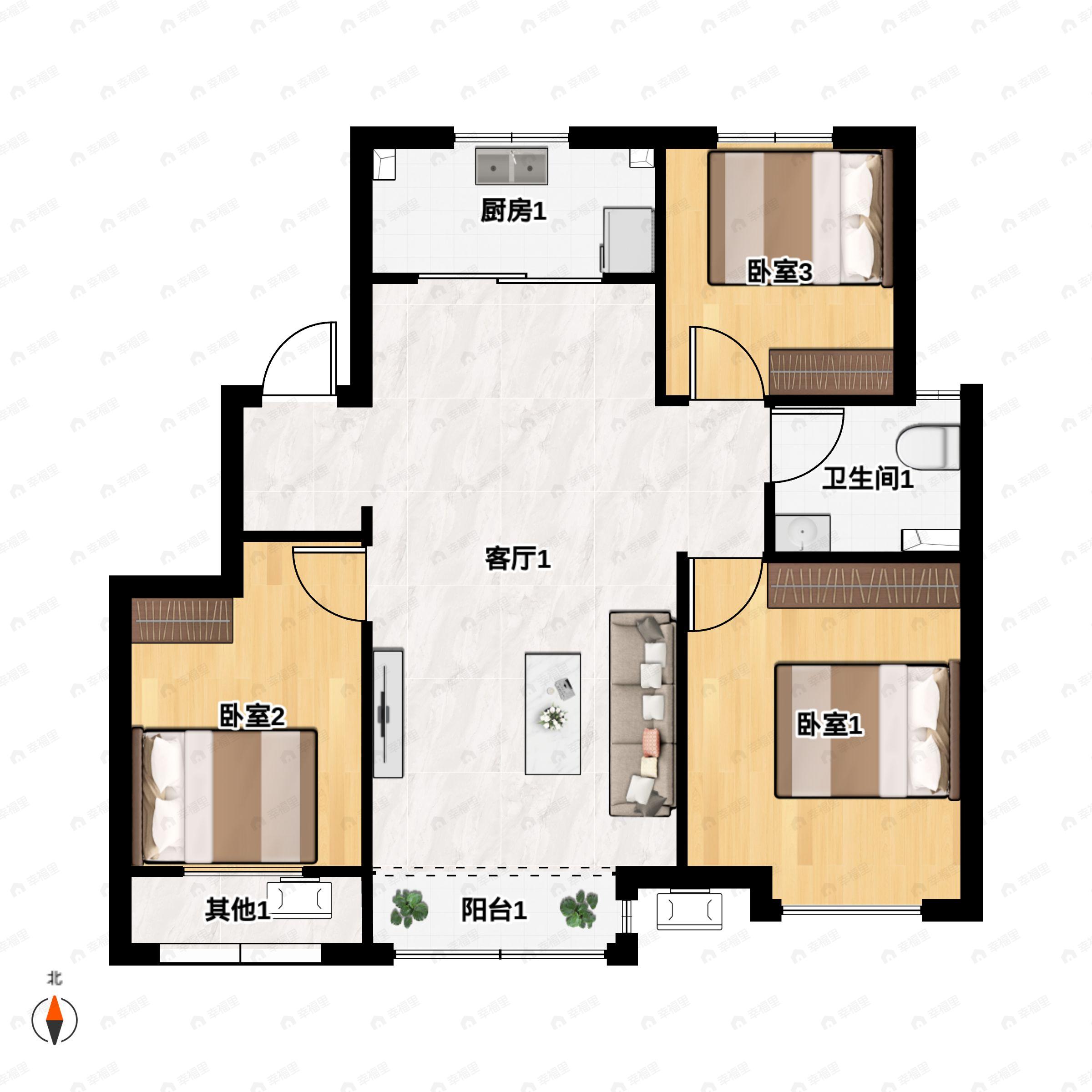 3室2厅1卫建面105平户型图