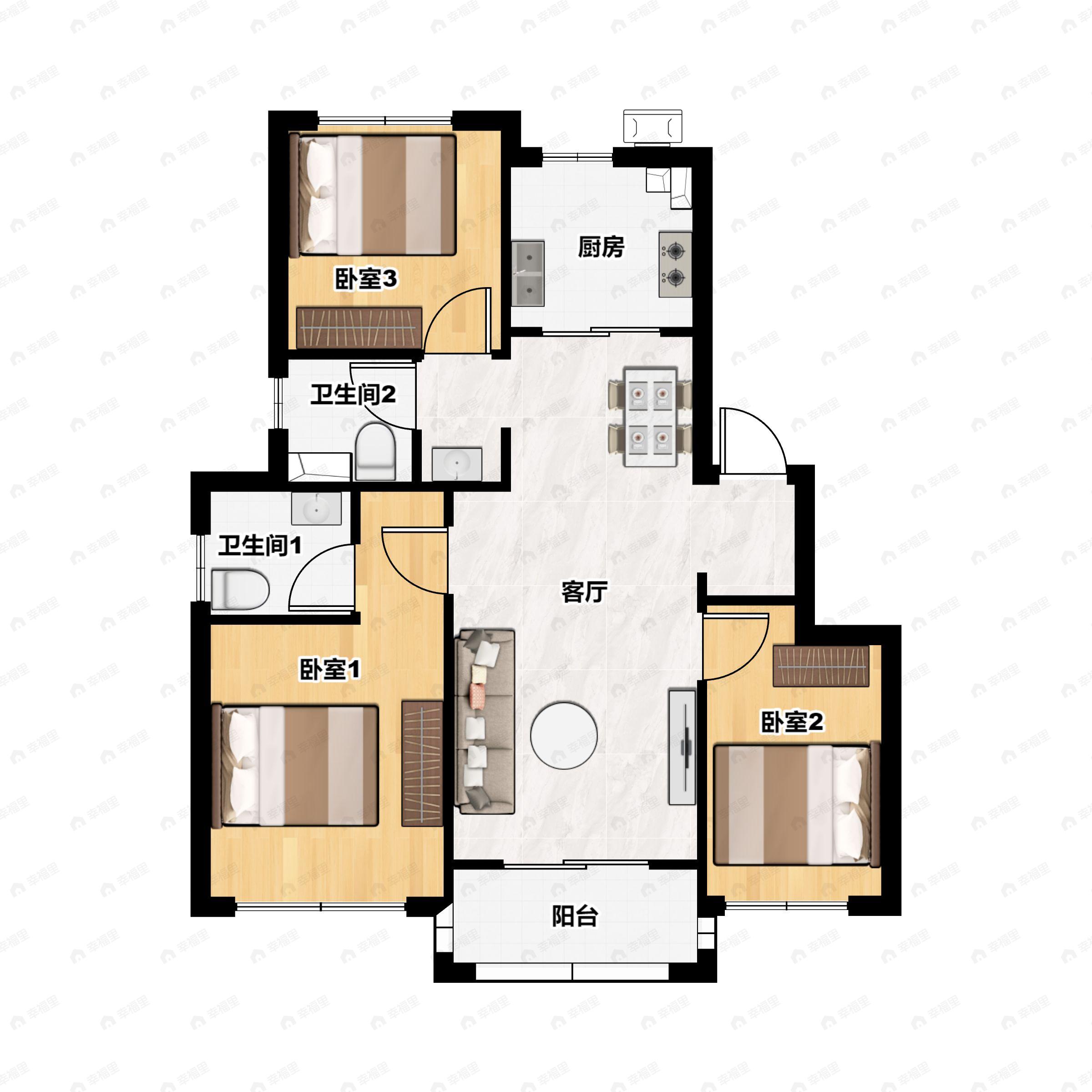 3室2厅2卫建面87m²南户型图