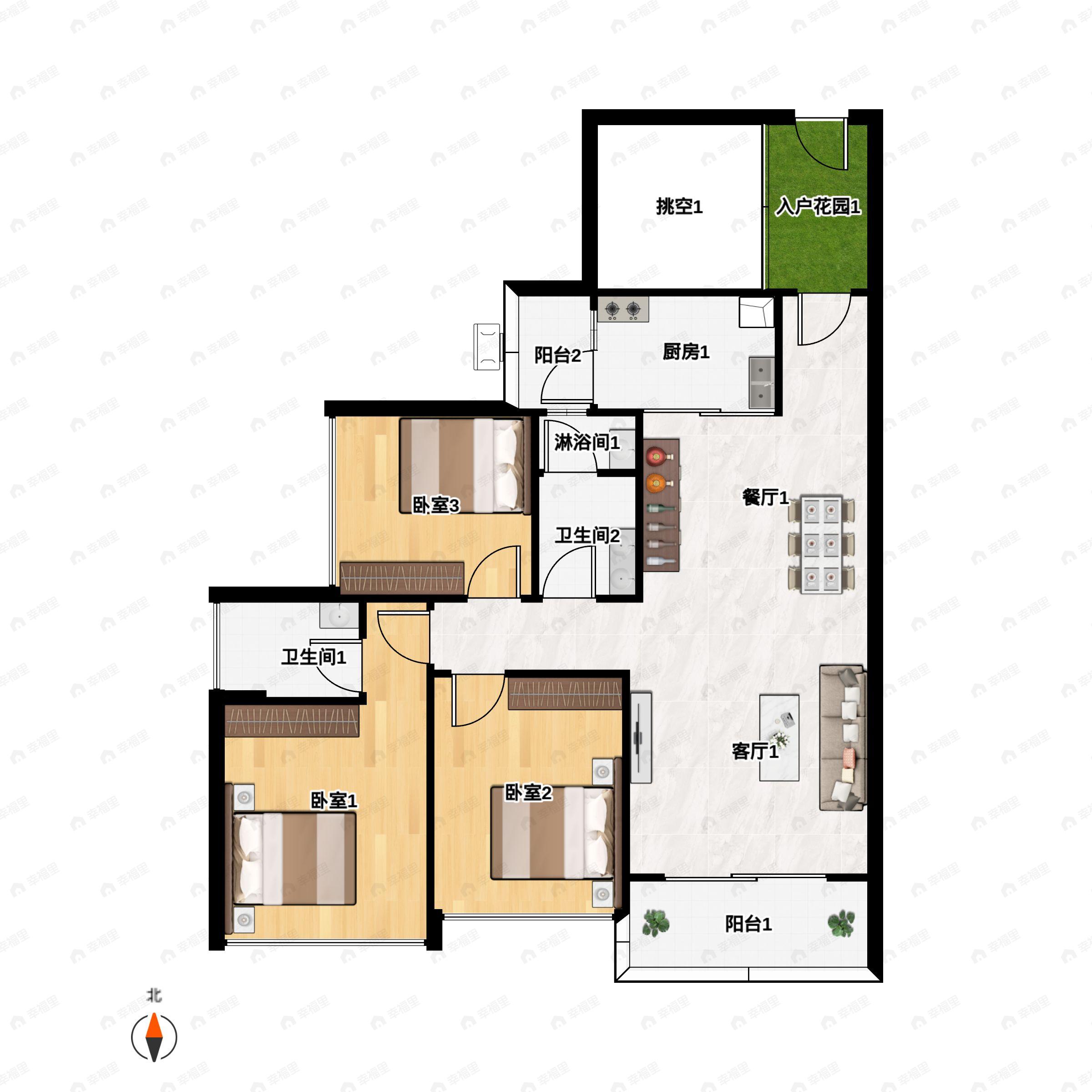 3室2厅2卫建面94m²南户型图