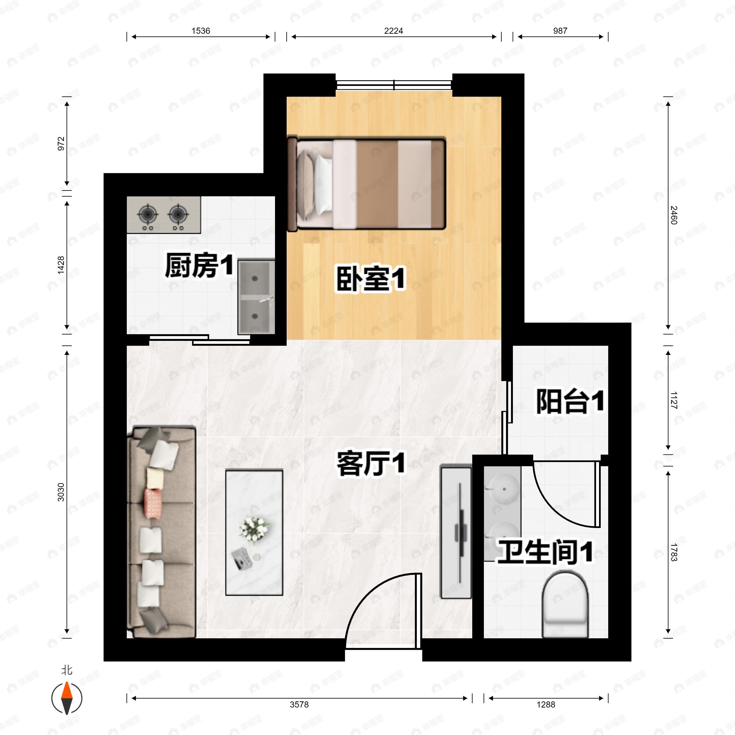1室1厅1卫建面47平南户型图