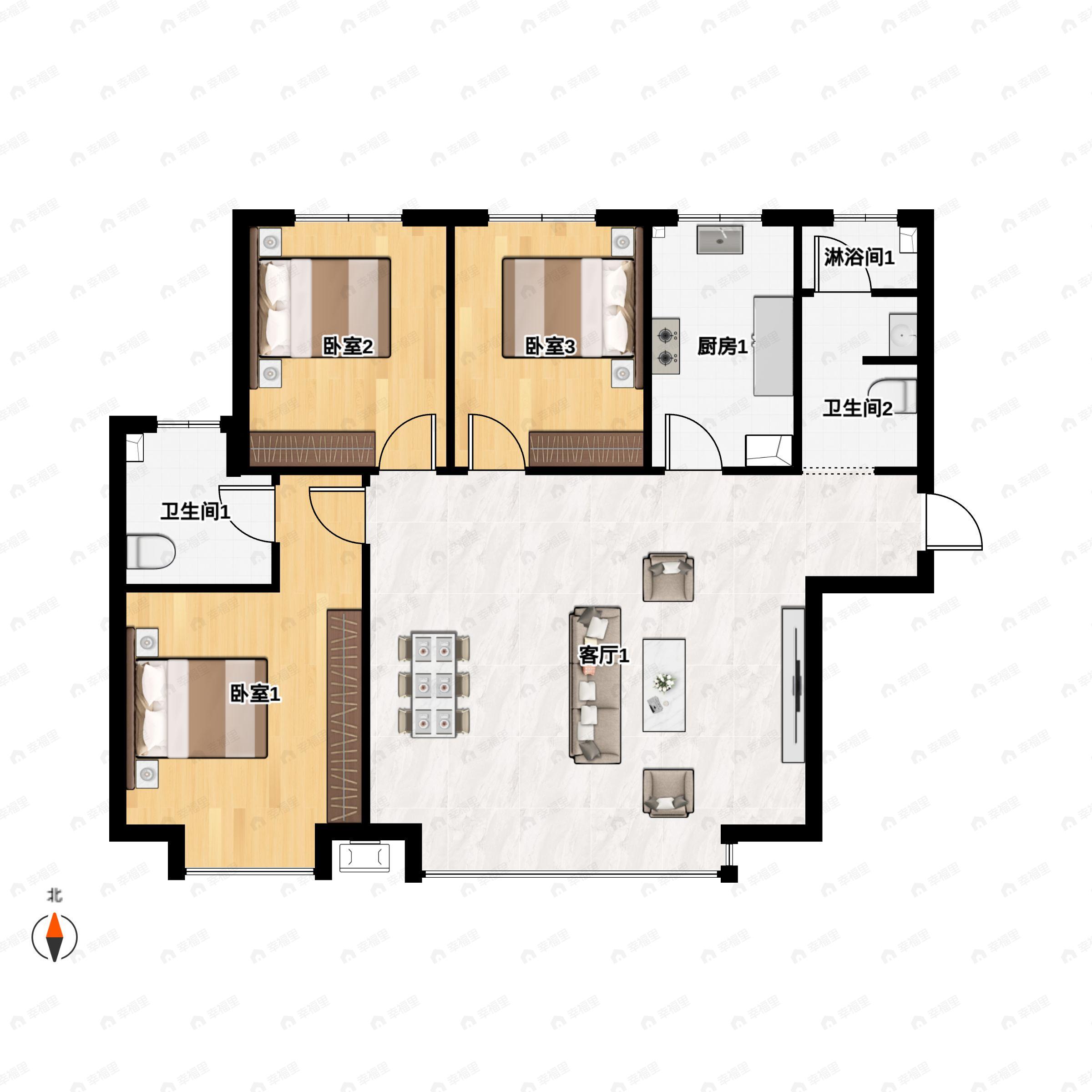 3室2厅2卫建面116平南|北户型图