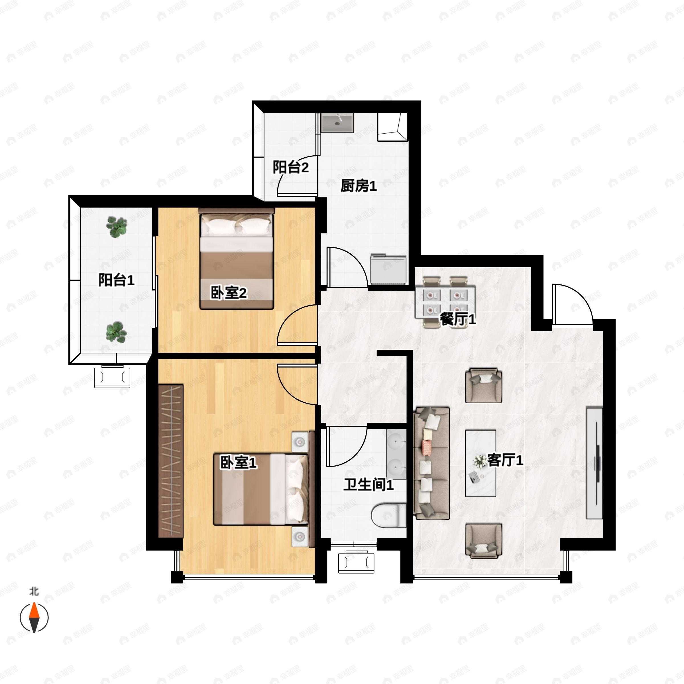 2室2厅1卫建面74平南户型图