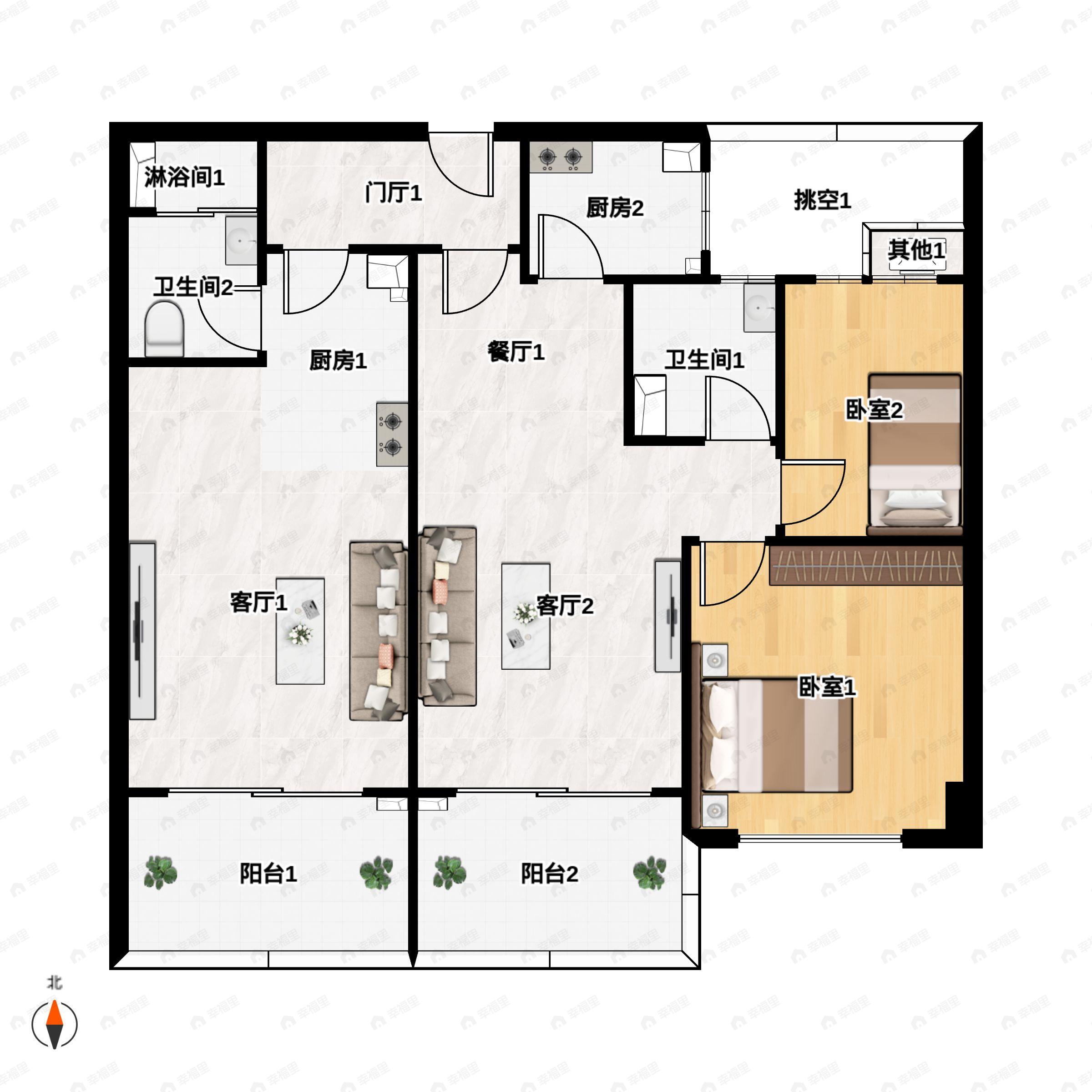 3室2厅2卫建面102m²户型图