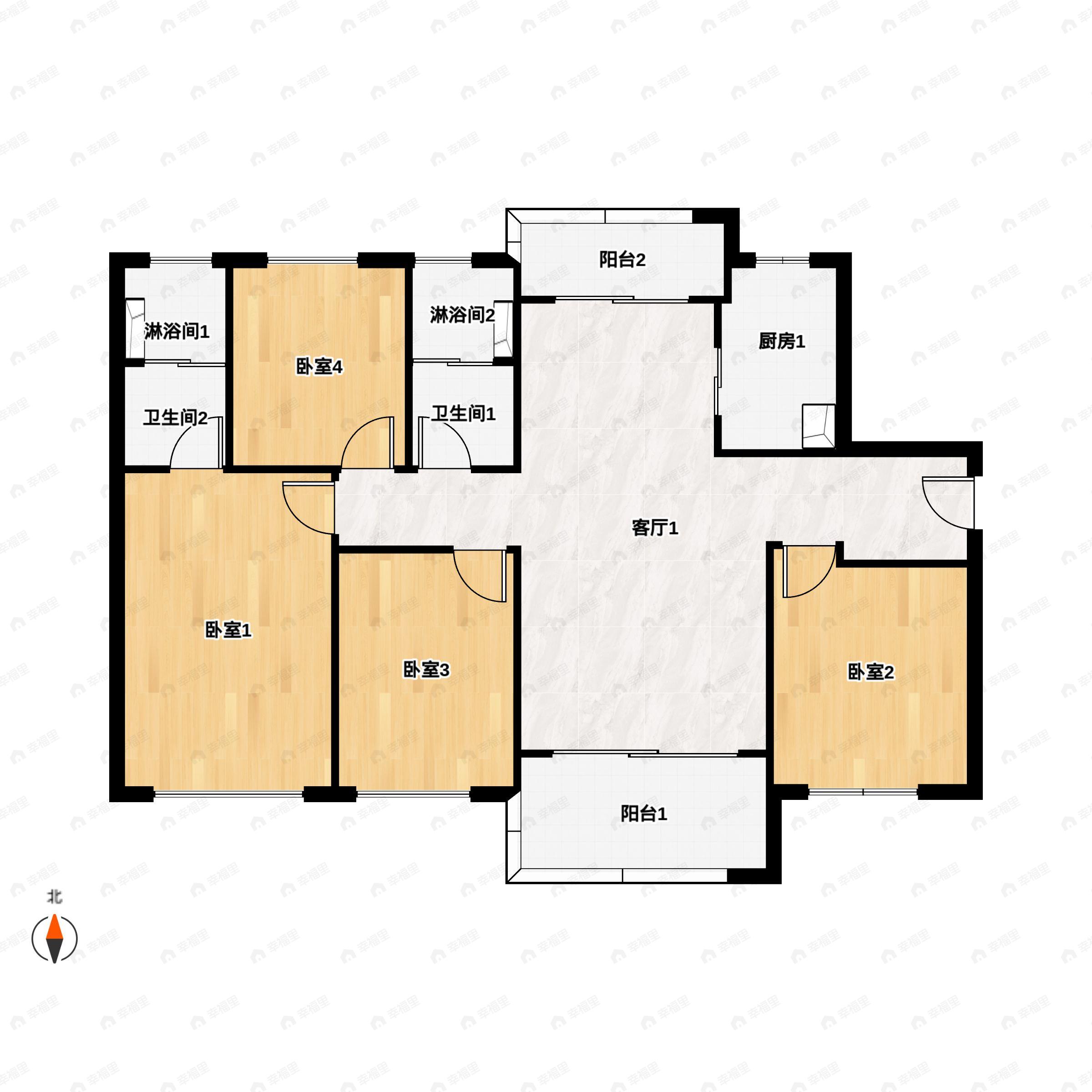 4室2厅2卫建面113平南|北户型图