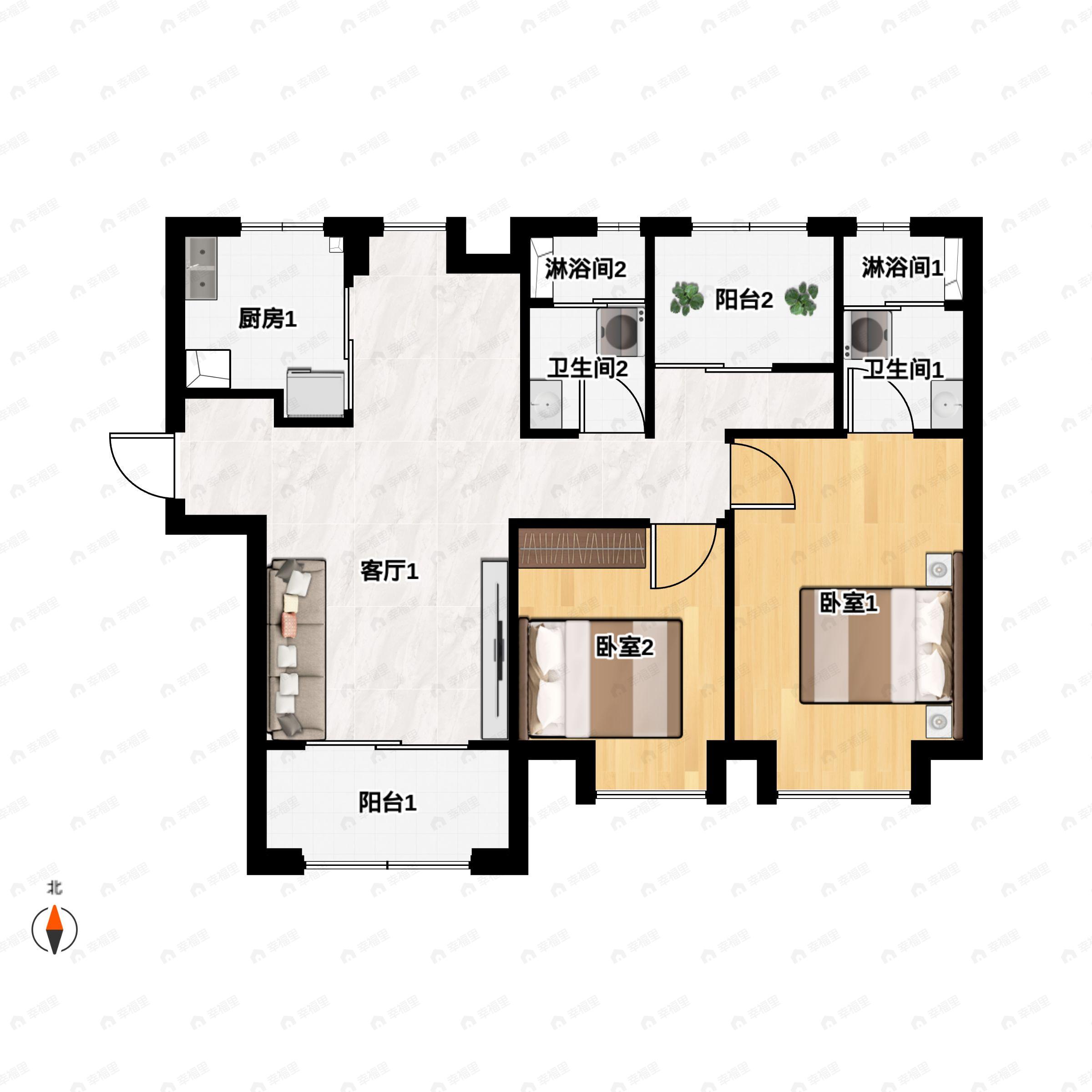 2室2厅2卫建面94平南|北户型图