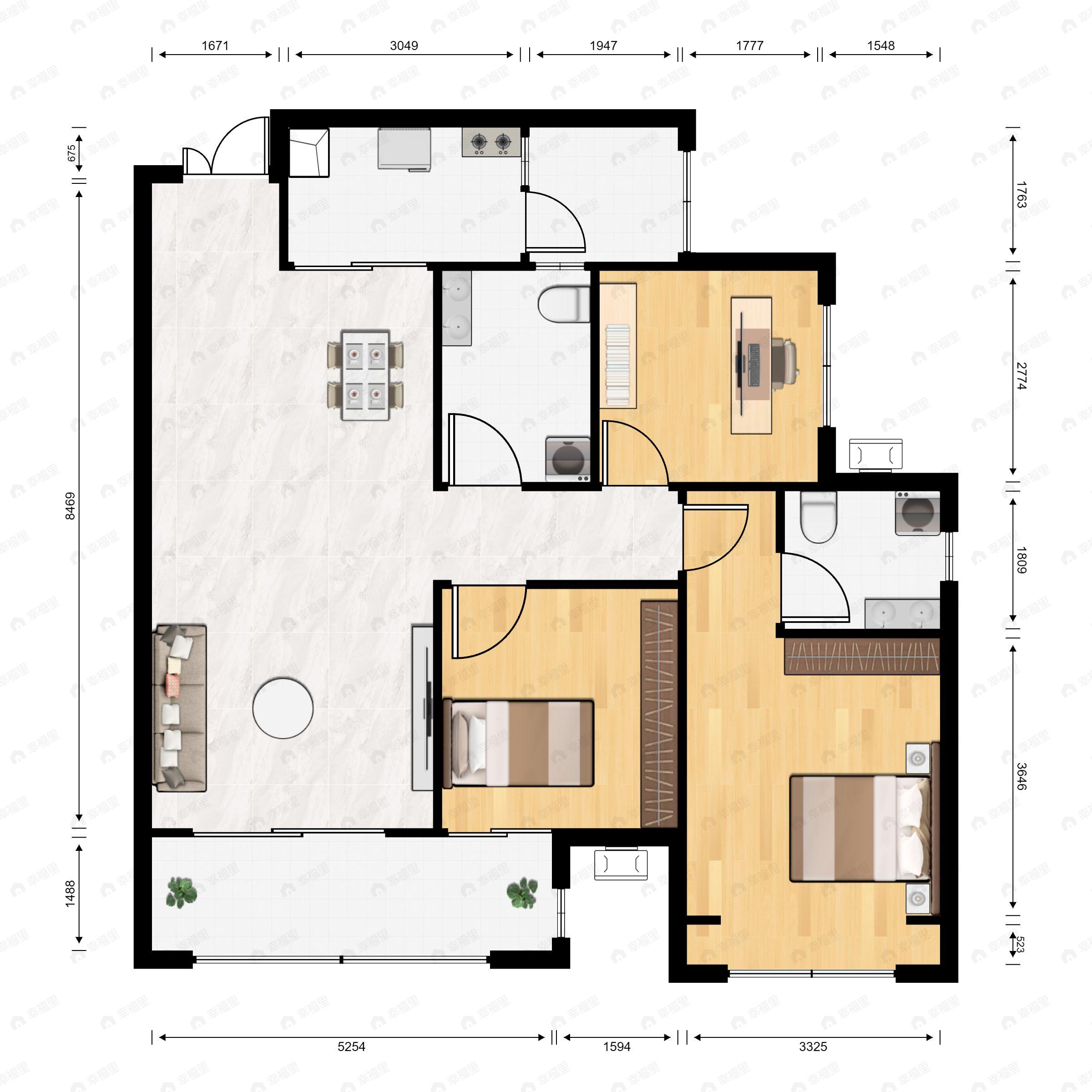 3室2厅2卫建面99m²南户型图