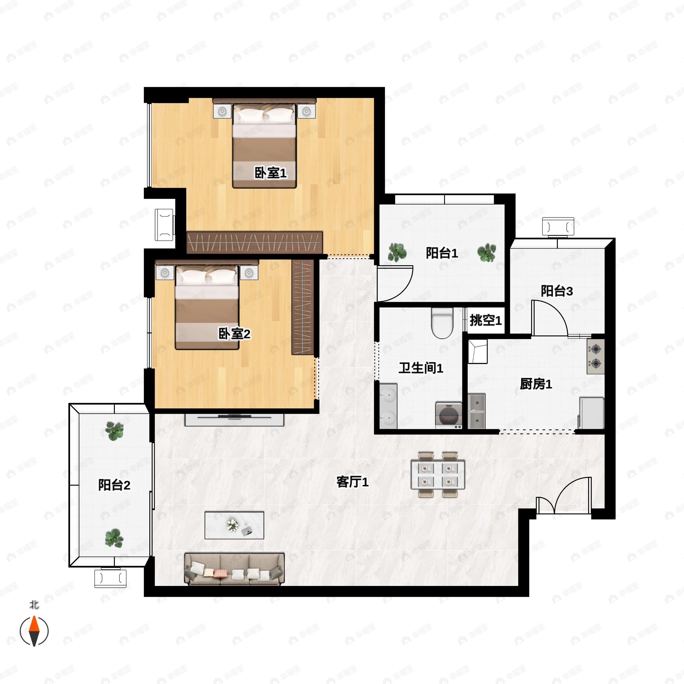 2室2厅1卫建面92m²南户型图