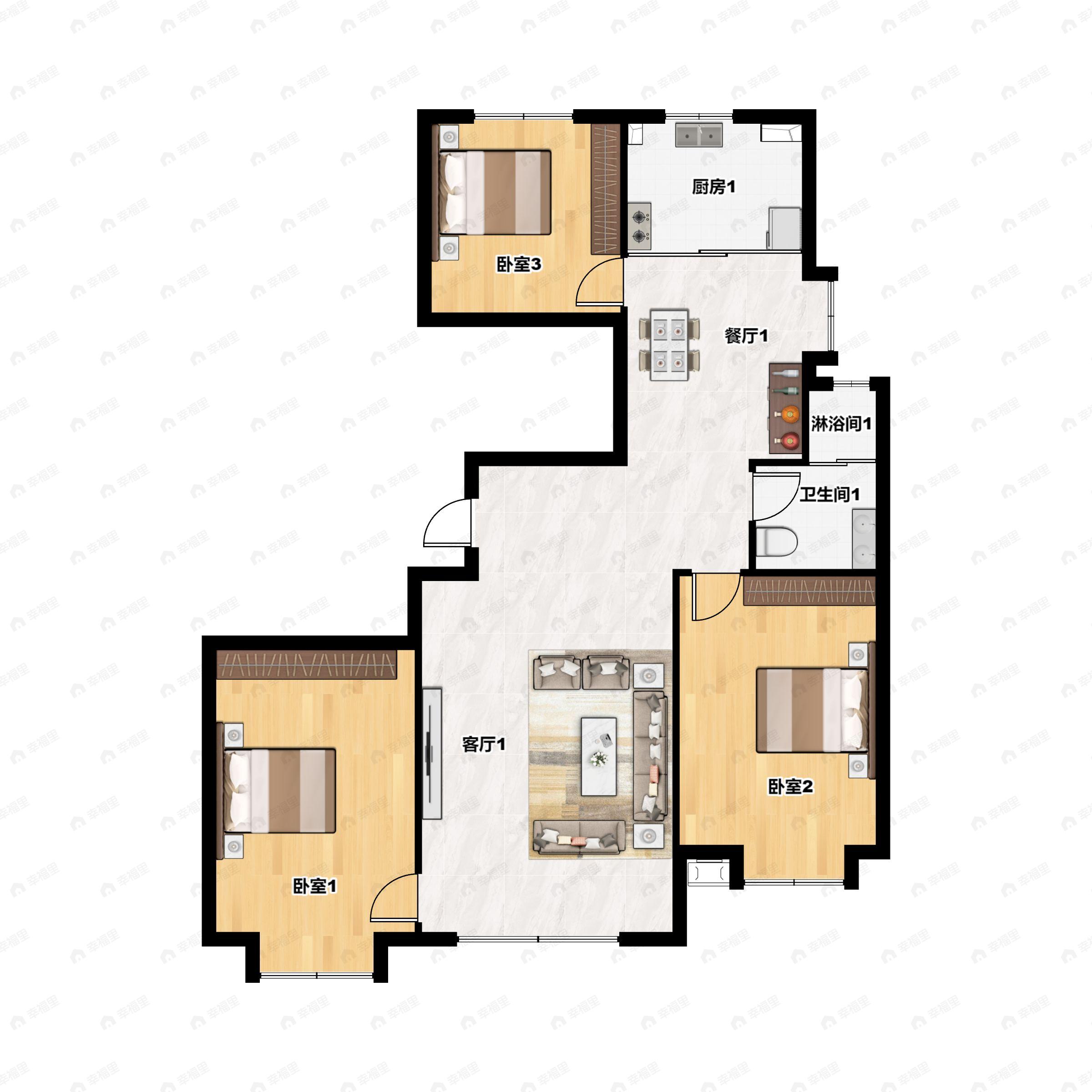 3室2厅1卫建面123m²南|北户型图