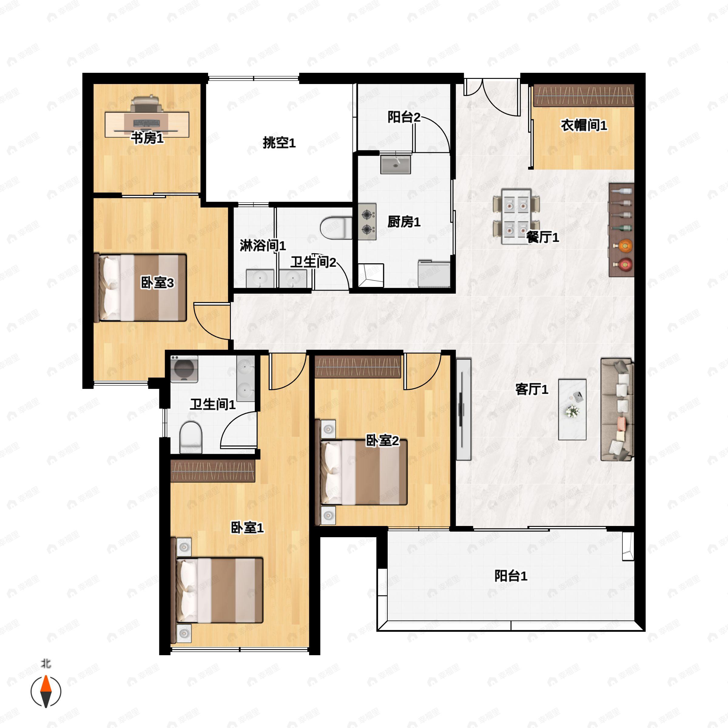 3室2厅2卫建面112m²南户型图
