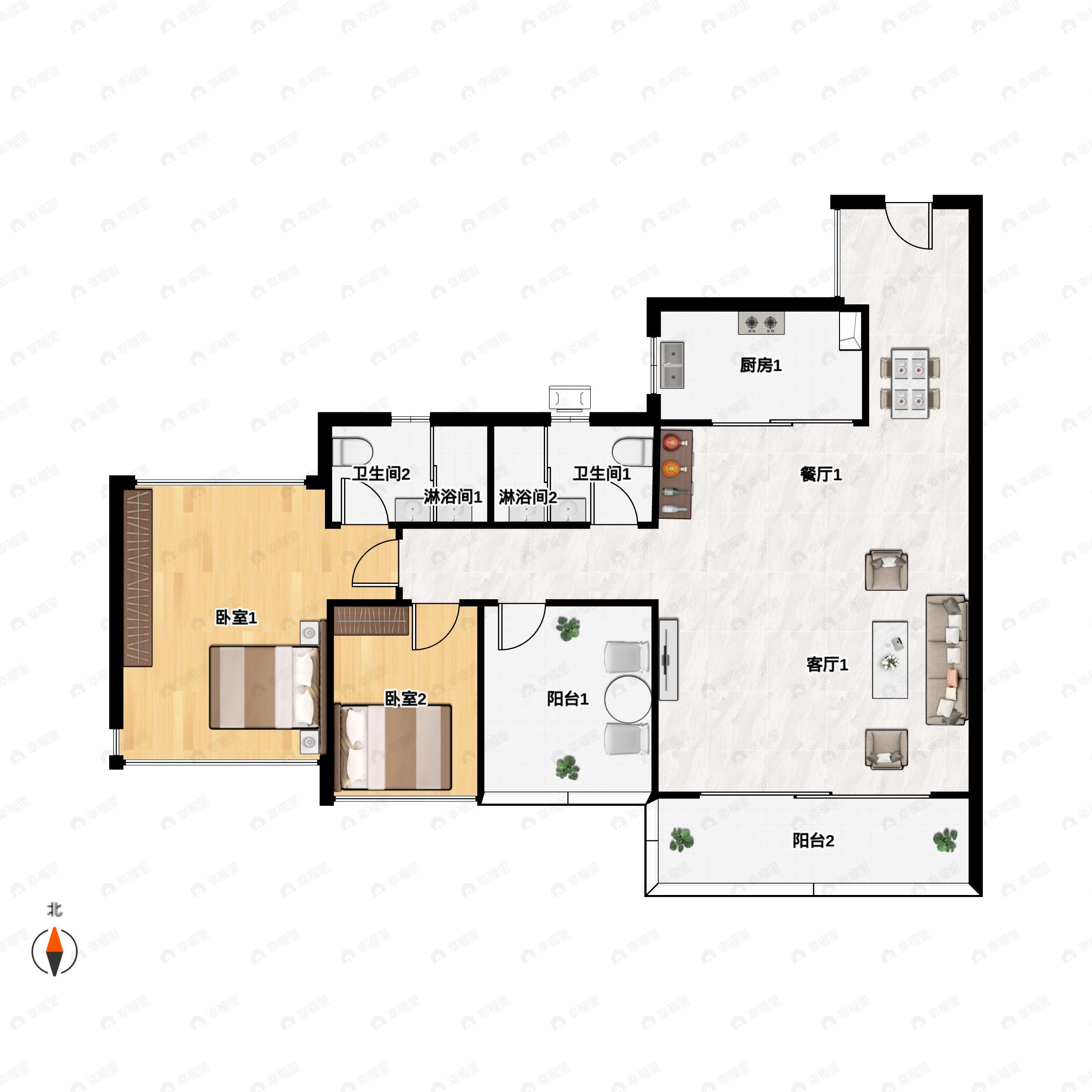 2室2厅2卫建面96m²南户型图